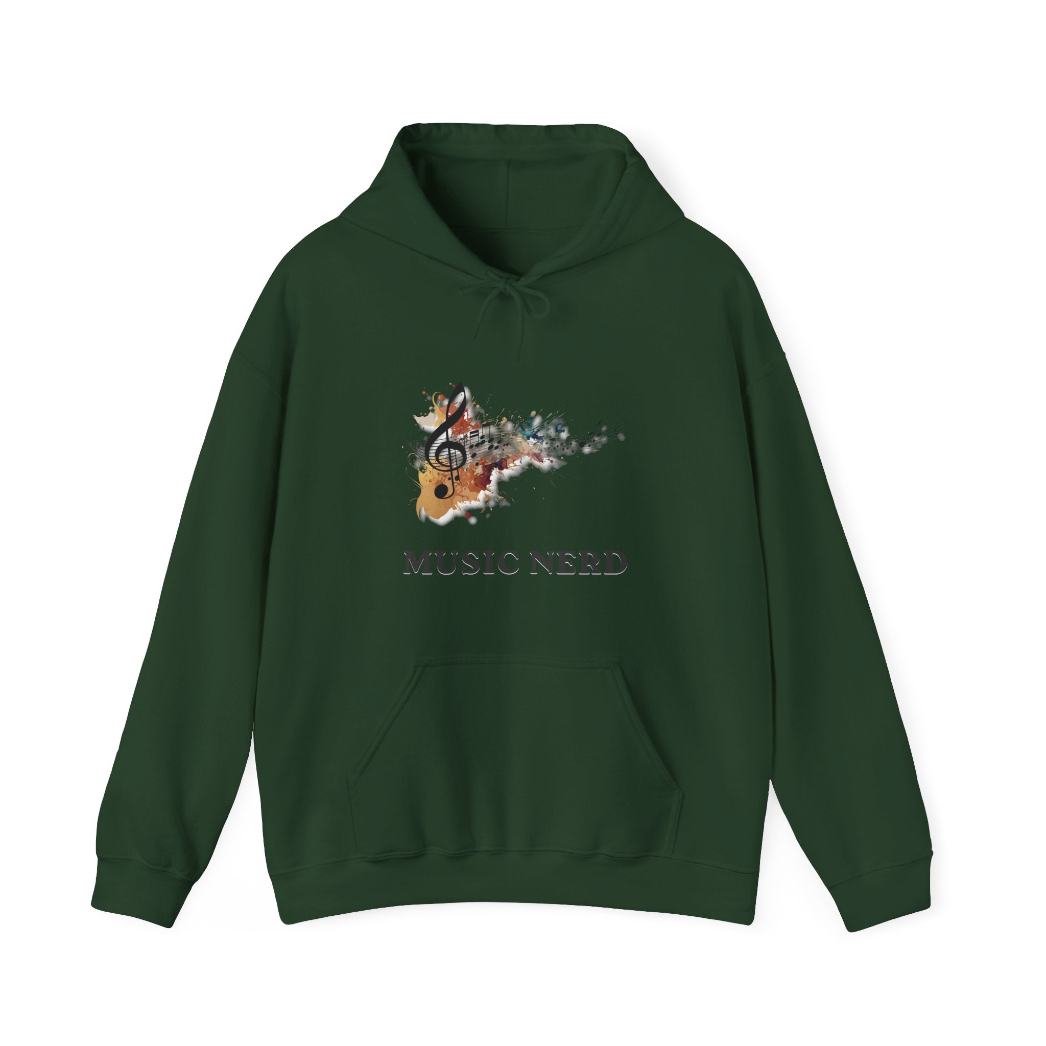 Green hoodie with 'Music Nerd' design on a white background