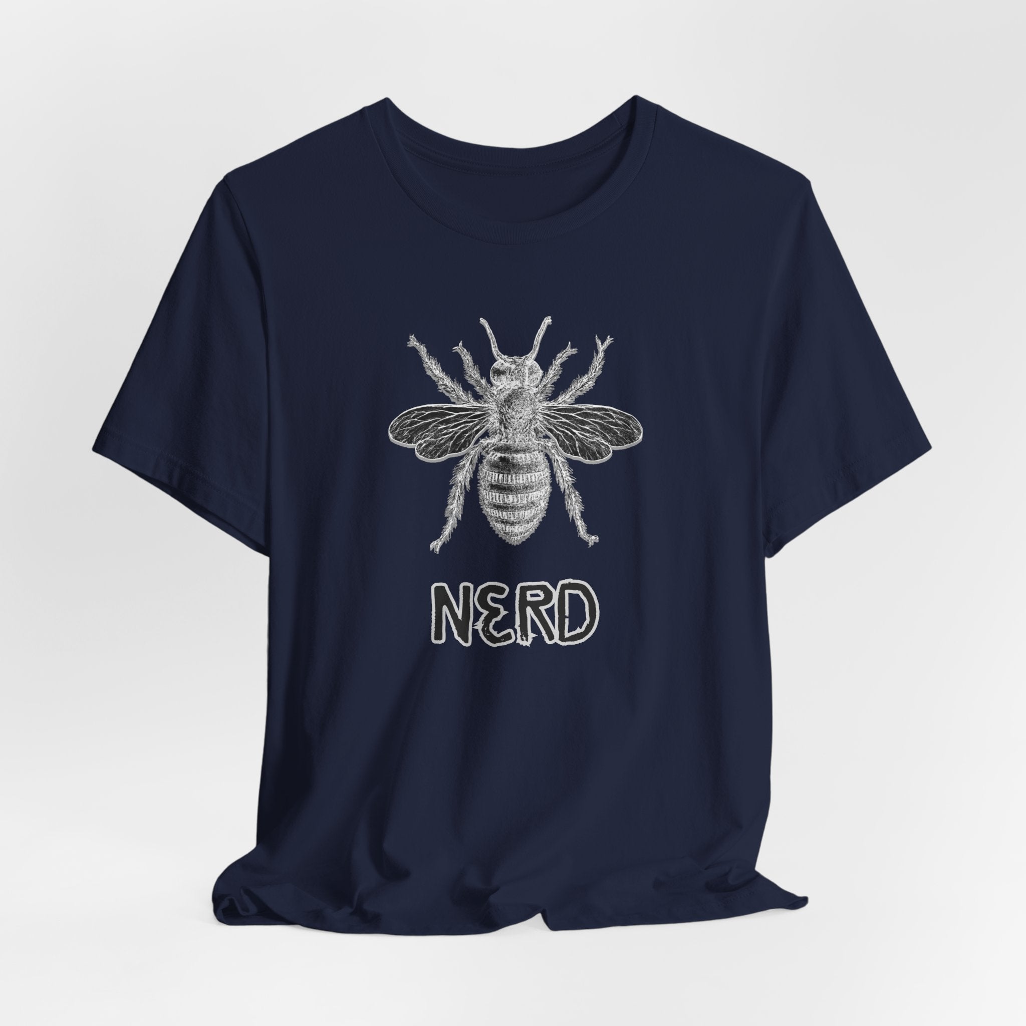 Navy bluet-shirt with bee graphic and "NERD" text print on a white background