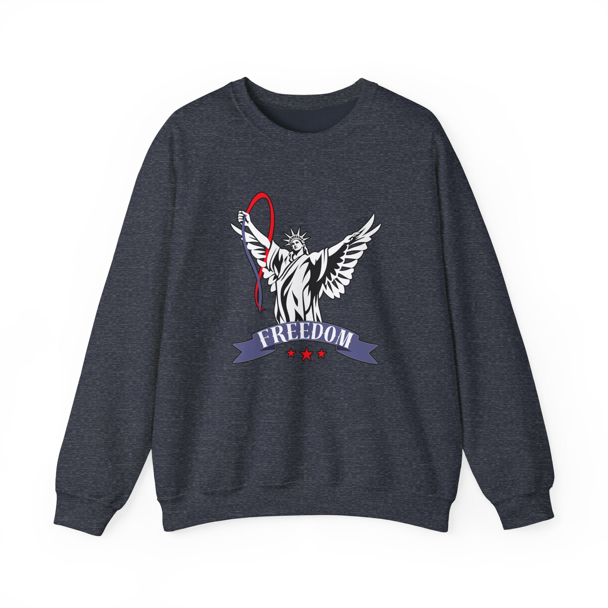 Gray sweatshirt with Statue of Liberty graphic and 'Freedom' text on a white background