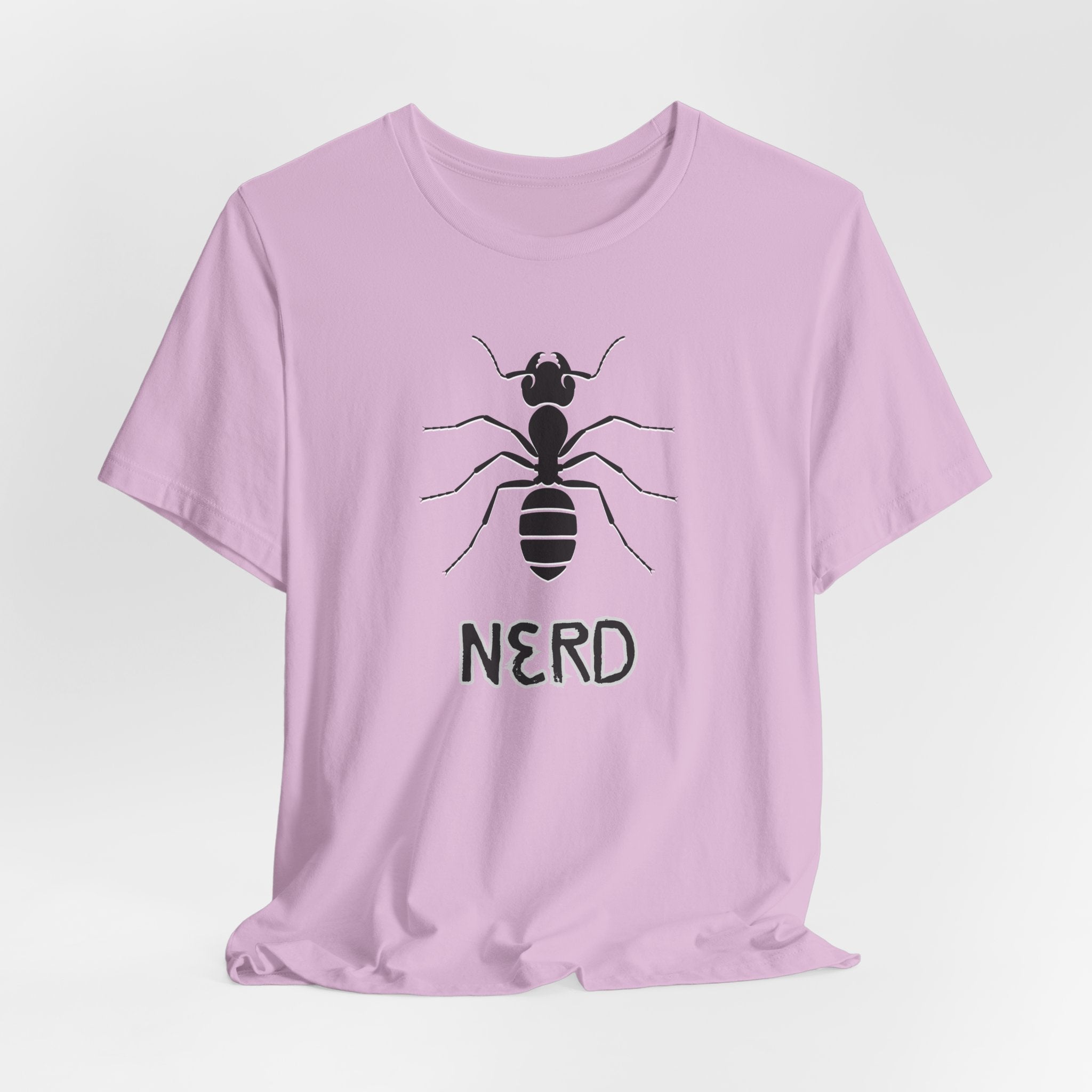 Light purple t-shirt with ant graphic and 'NERD' text on a light gray background