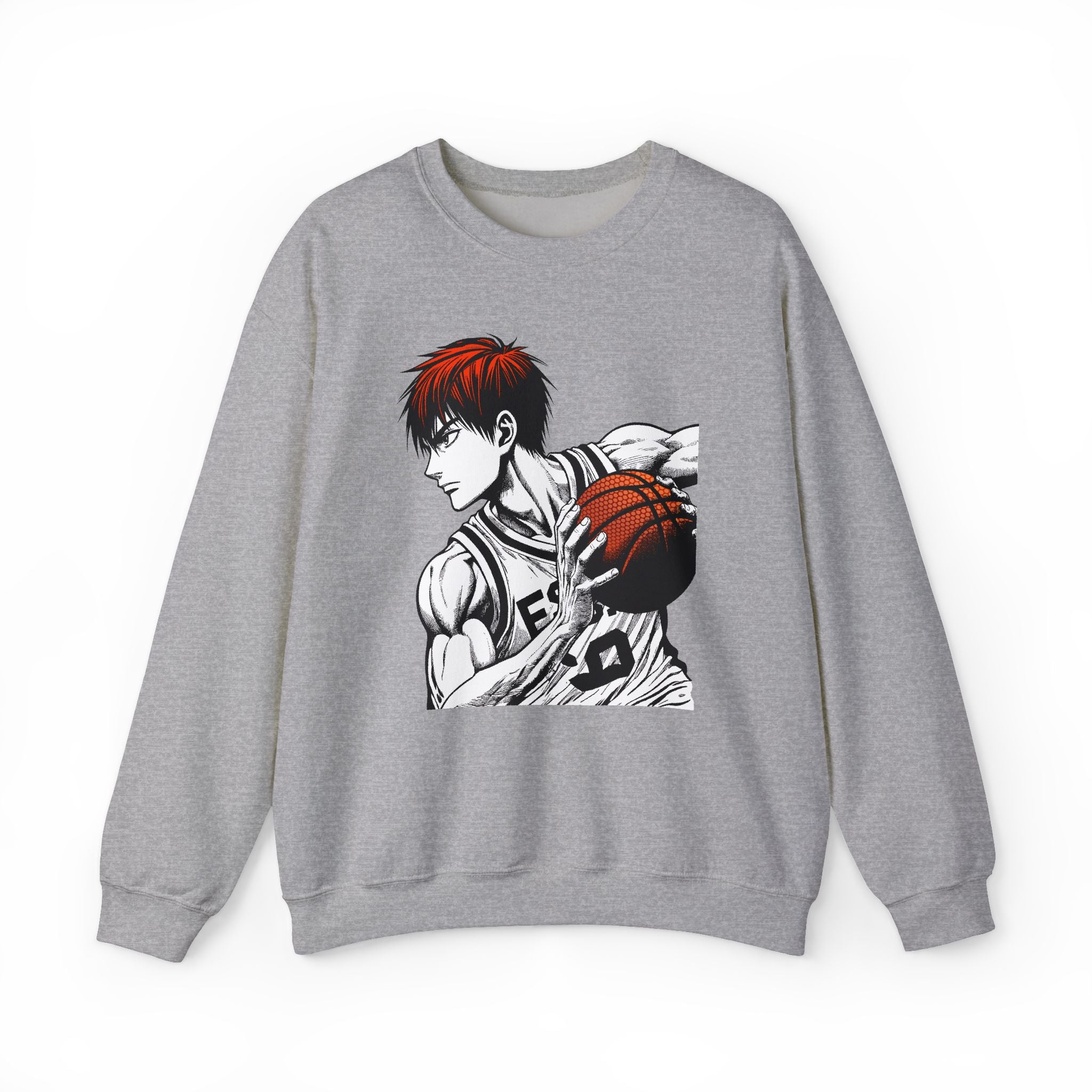 Gray sweatshirt with an anime character holding a basketball on a white background