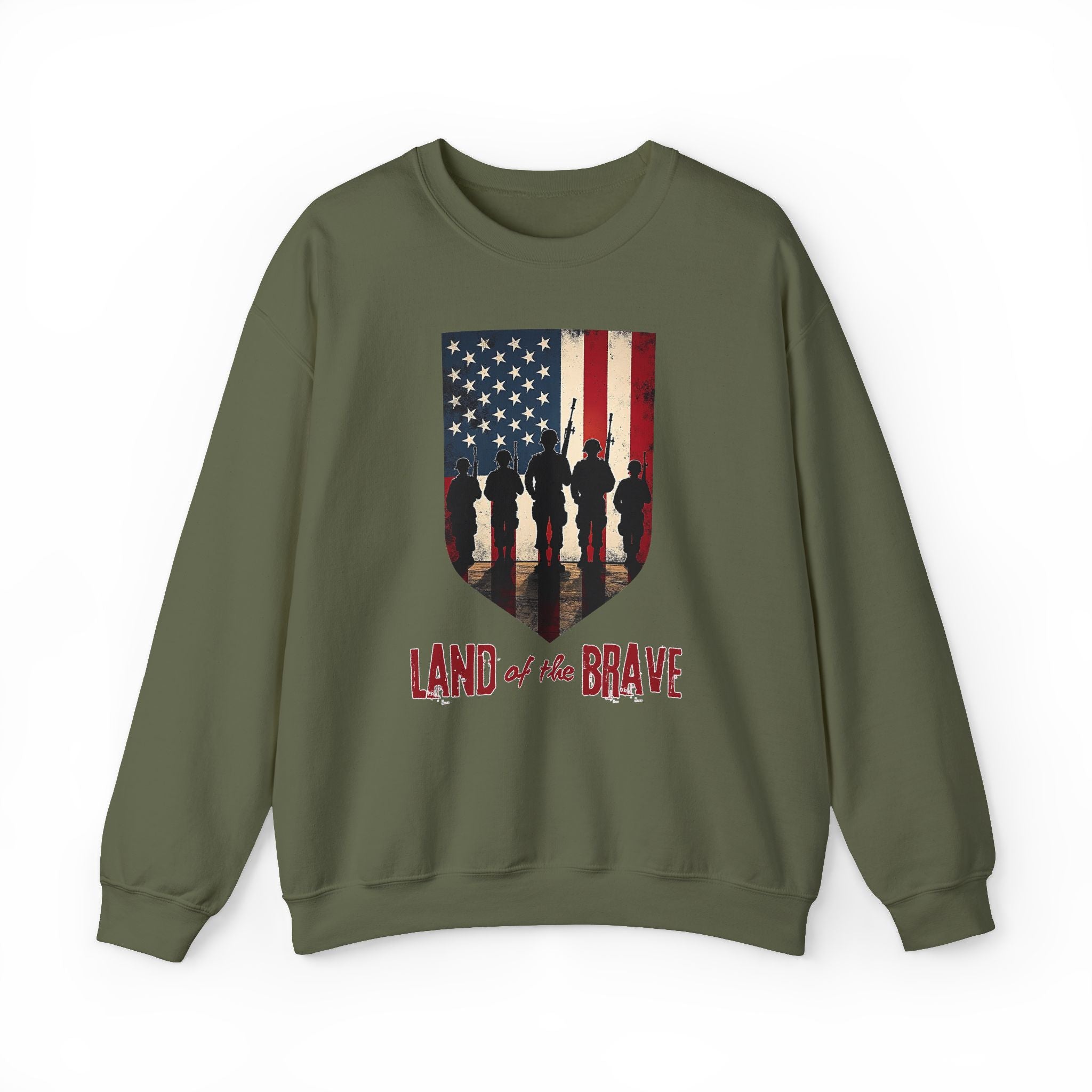 Green sweatshirt with American flag and silhouette design on a white background