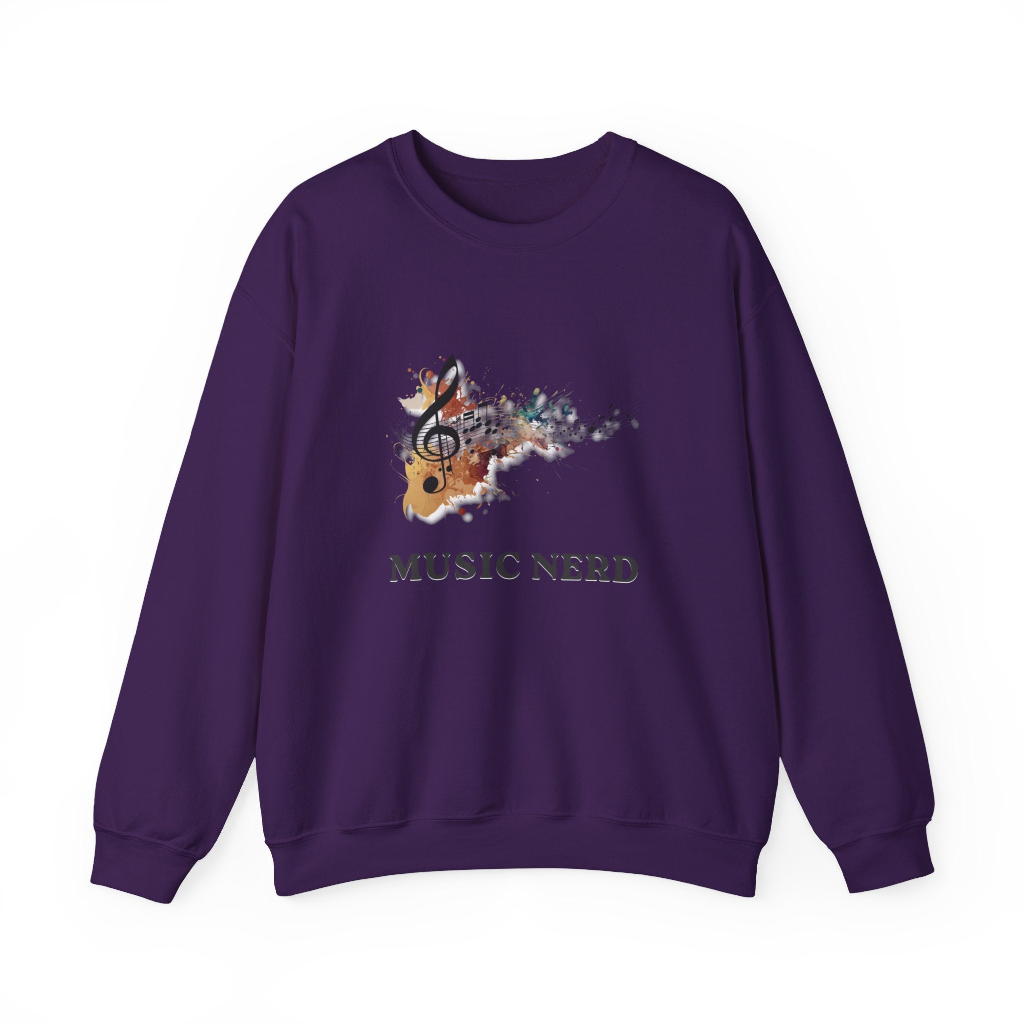 Purple sweatshirt with musical design and 'Music Nerd' text on a white background