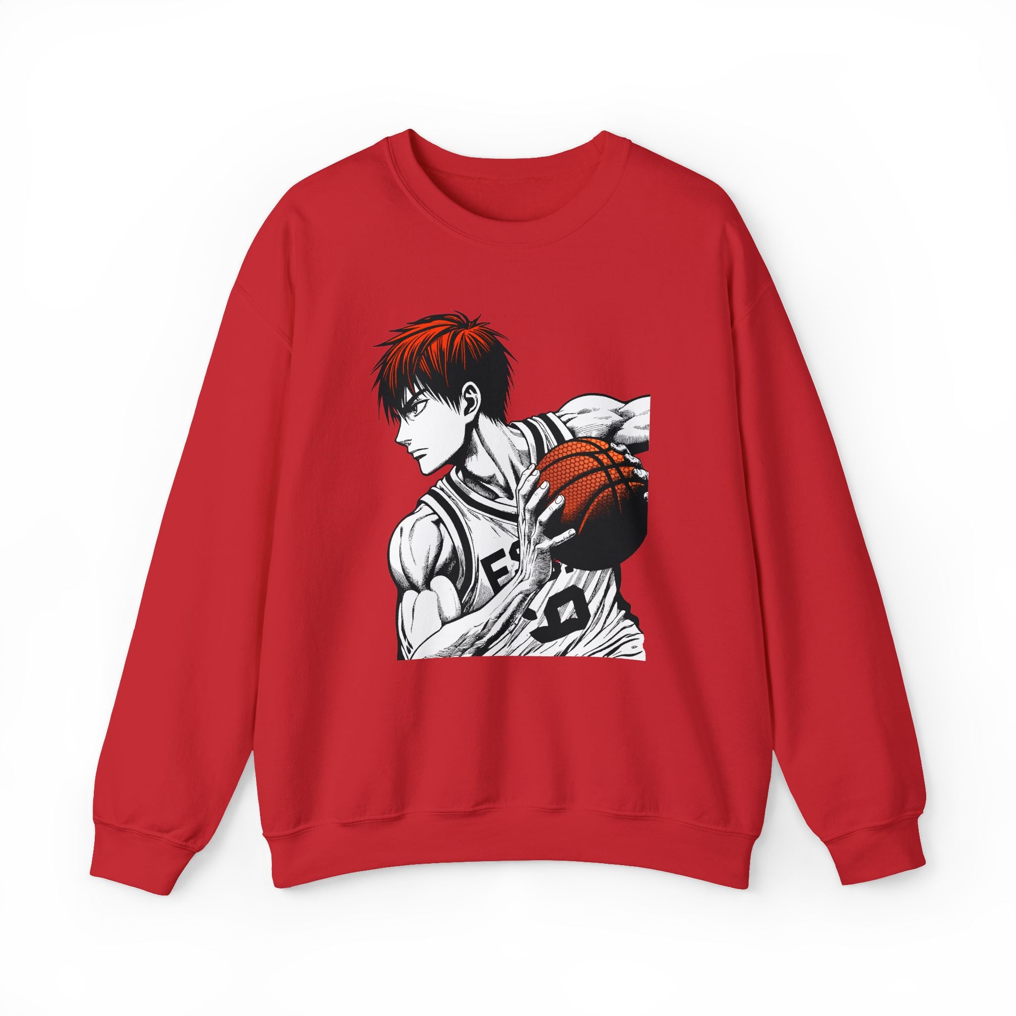 Red sweatshirt with an anime-style graphic of a character holding a basketball on a white background