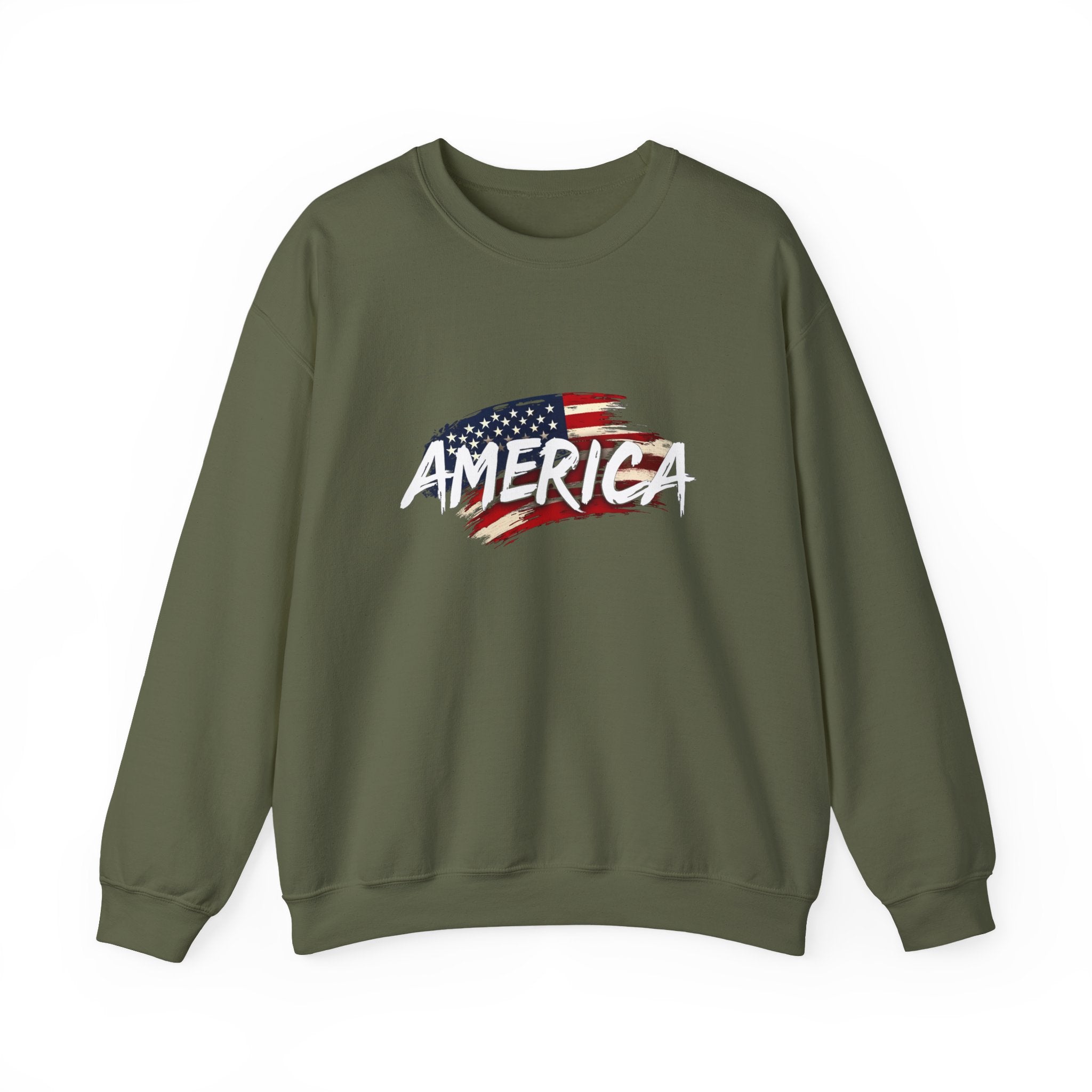 Green sweatshirt with 'AMERICA' and an American flag design on a white background