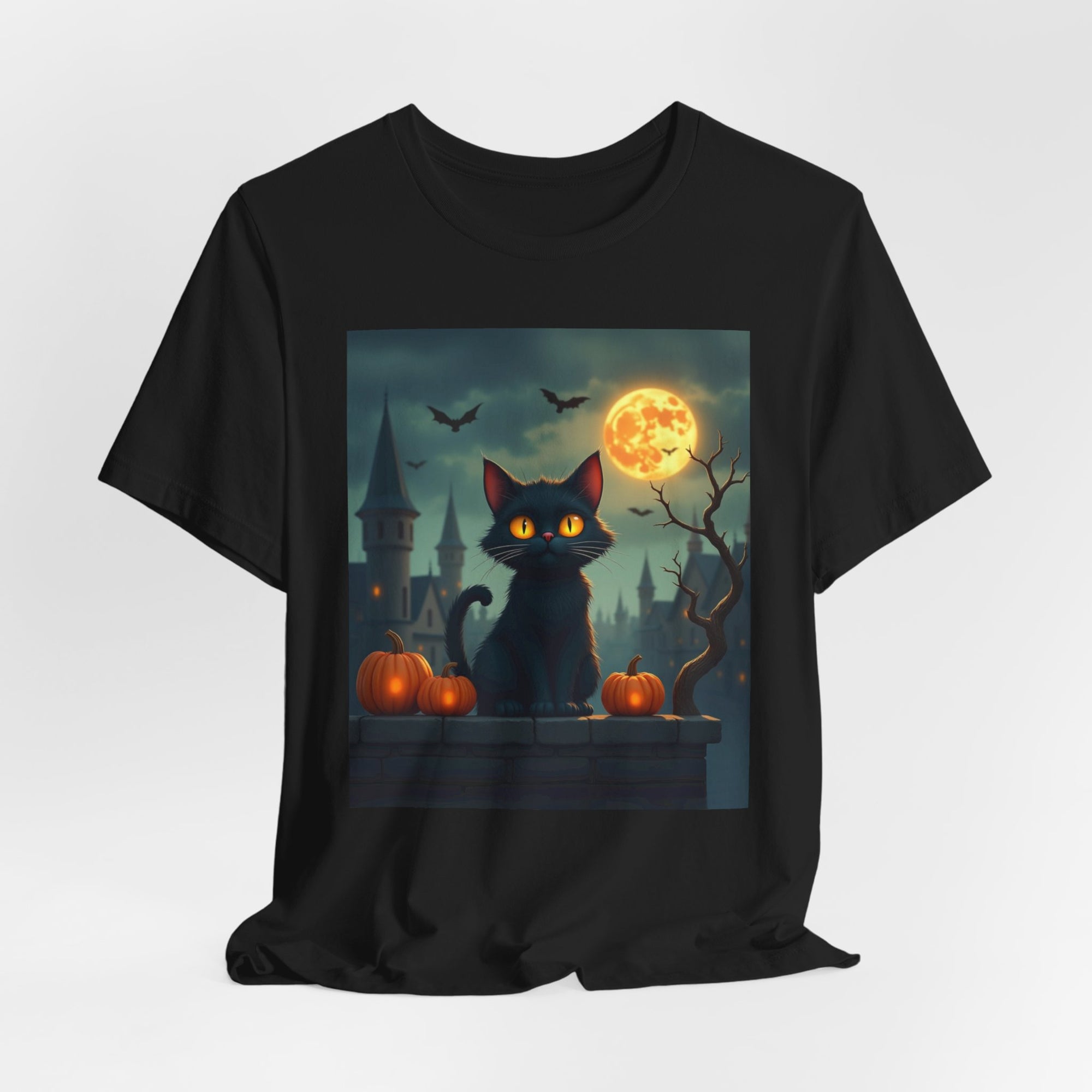 Halloween Cat with Bats and Orange Pumpkins T-shirt for Men and Women