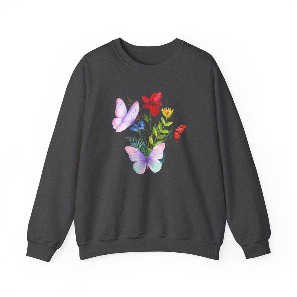 Black sweatshirt with colorful butterfly and flower design on a white background