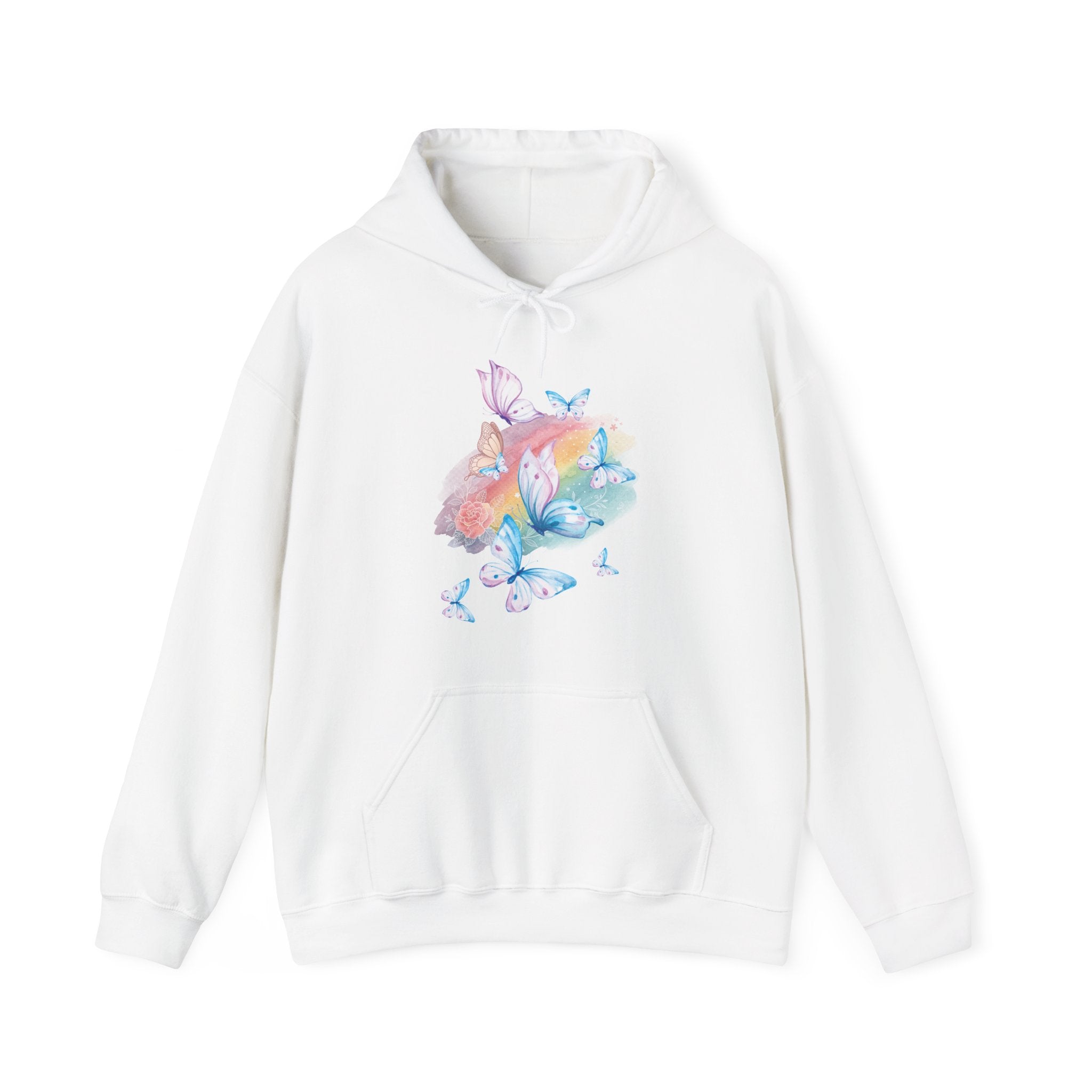 White hoodie with colorful butterfly design on a white background