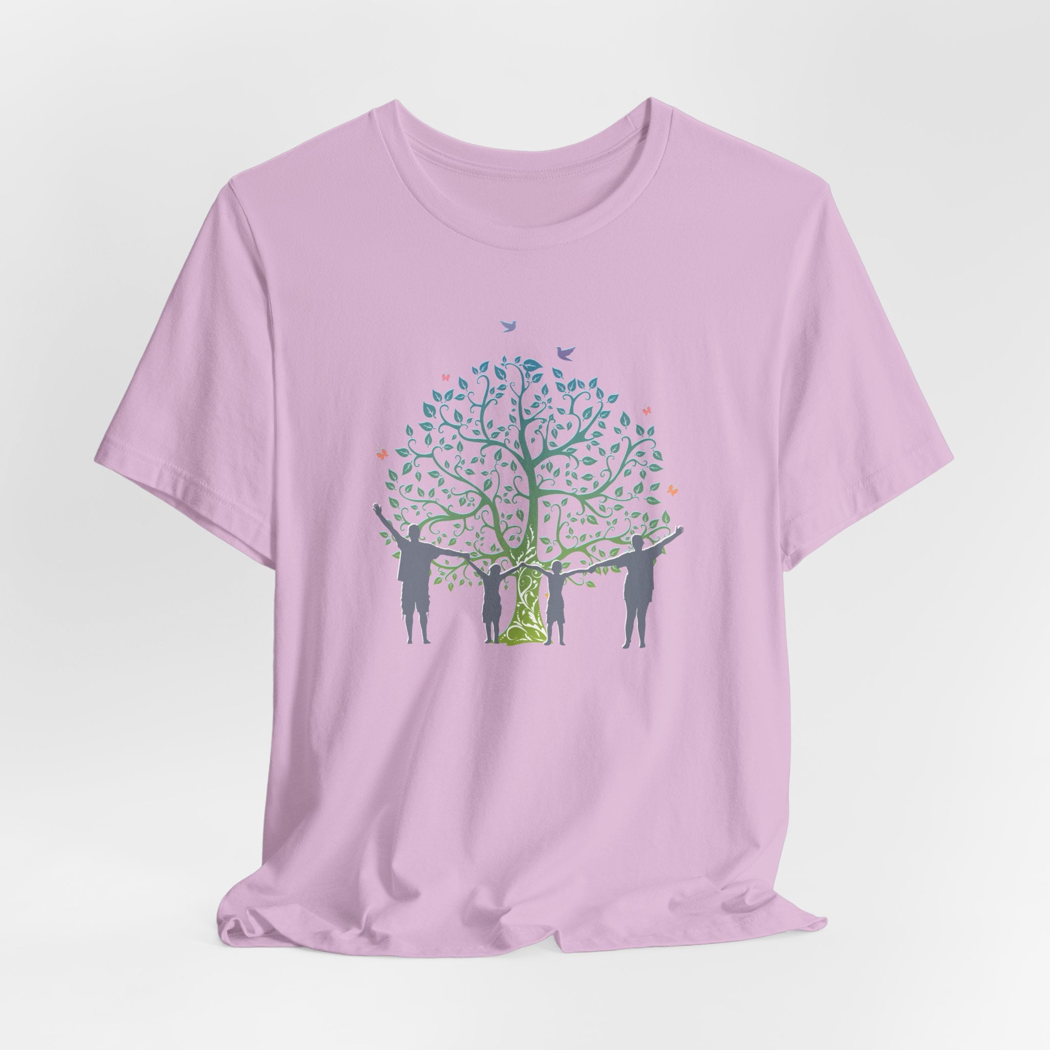 Purple t-shirt with a tree and people graphic on a light purple background