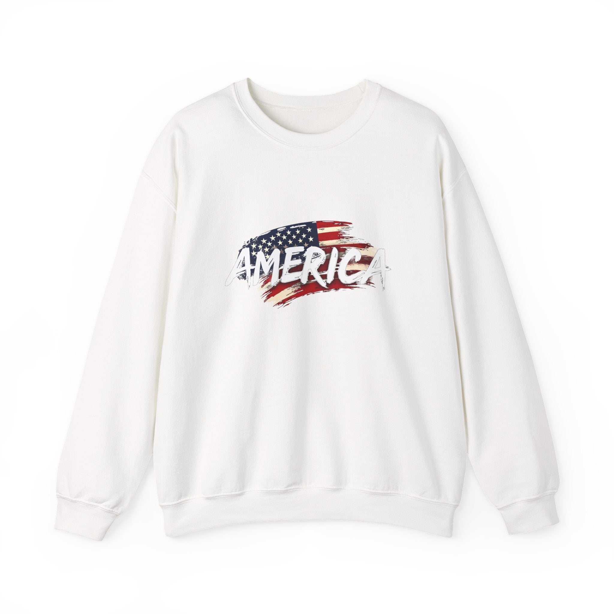 White sweatshirt with 'AMERICA' and American flag design on a white background