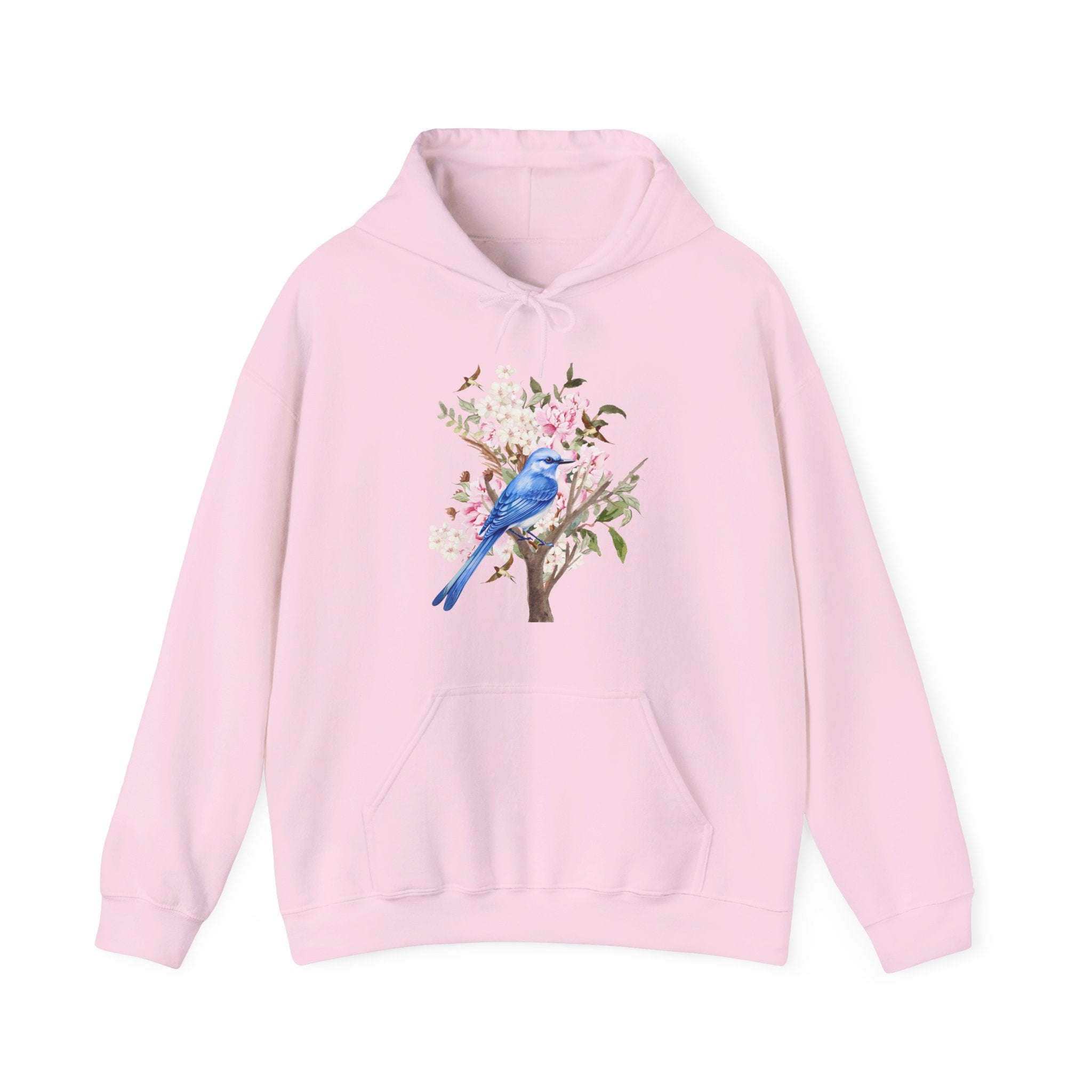 Pink hoodie with a blue bird and floral design on a white background