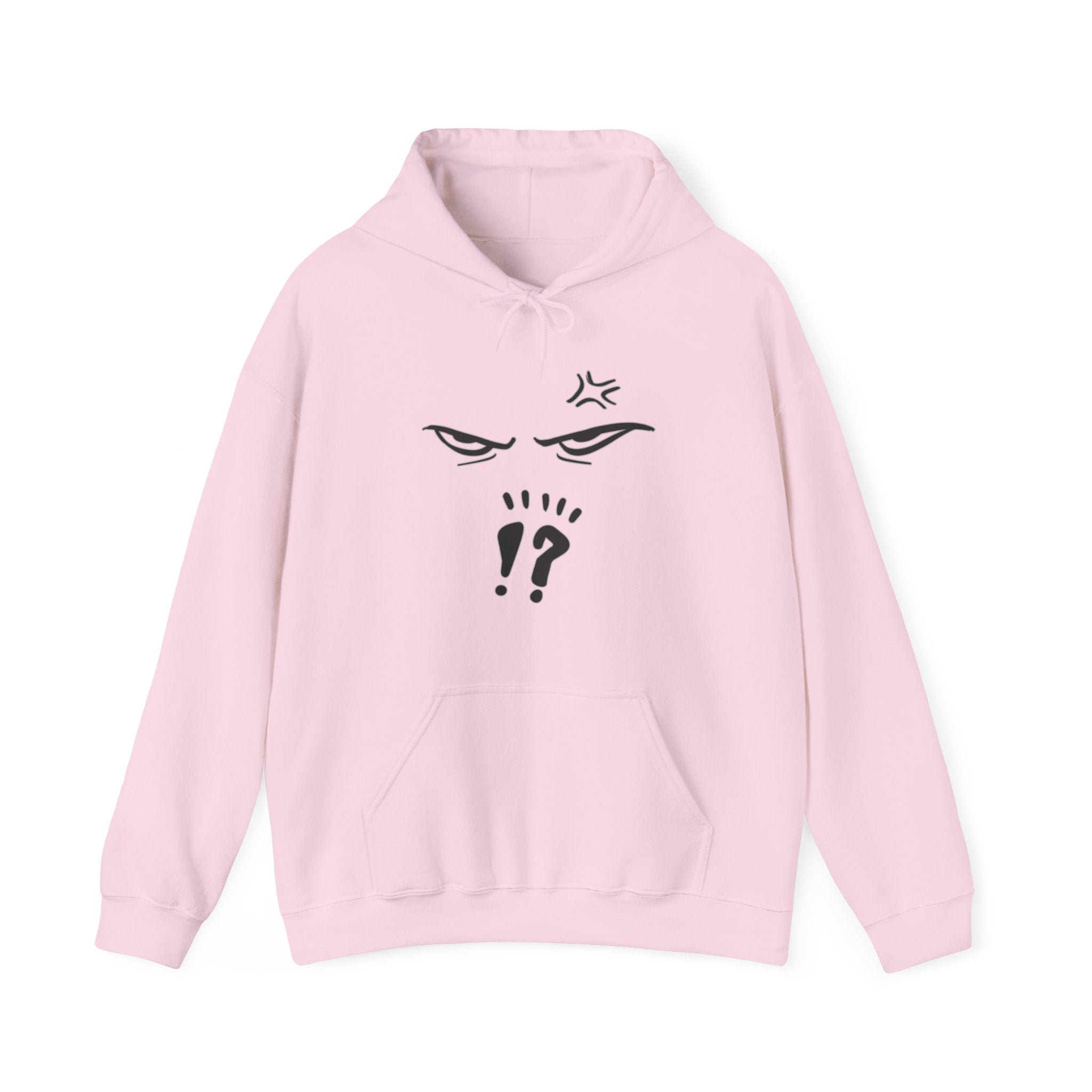 Pink hoodie with a graphic anime design against a white background