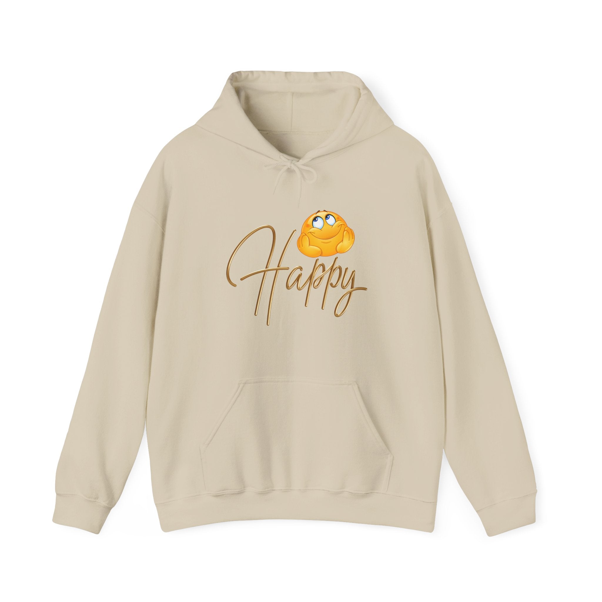 Beige hoodie with a cartoon character and 'Happy' text on a white background
