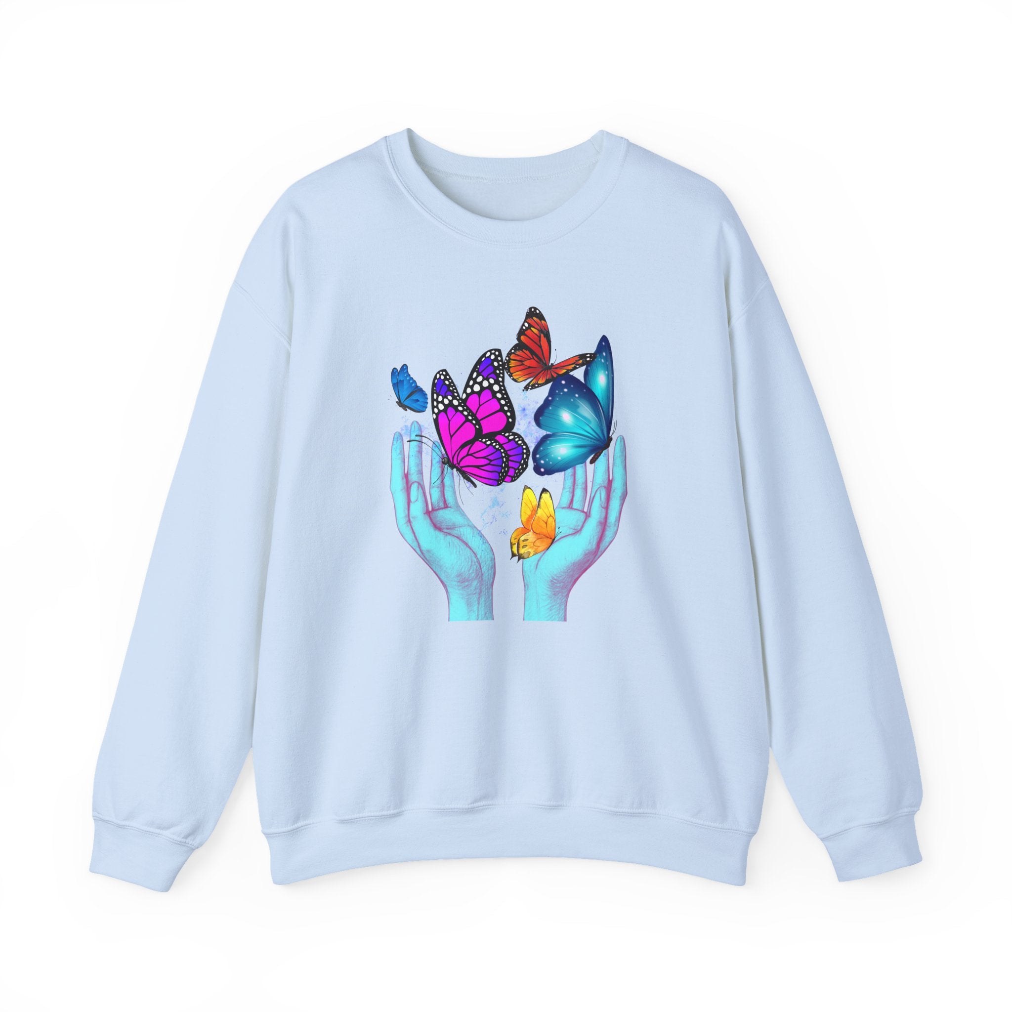 Light blue sweatshirt with colorful butterfly design on a white background