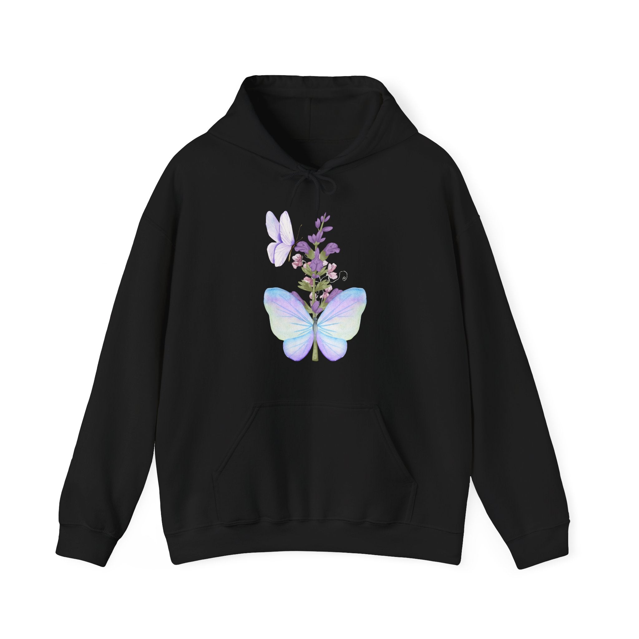 Black hoodie with a butterfly and floral design on a white background