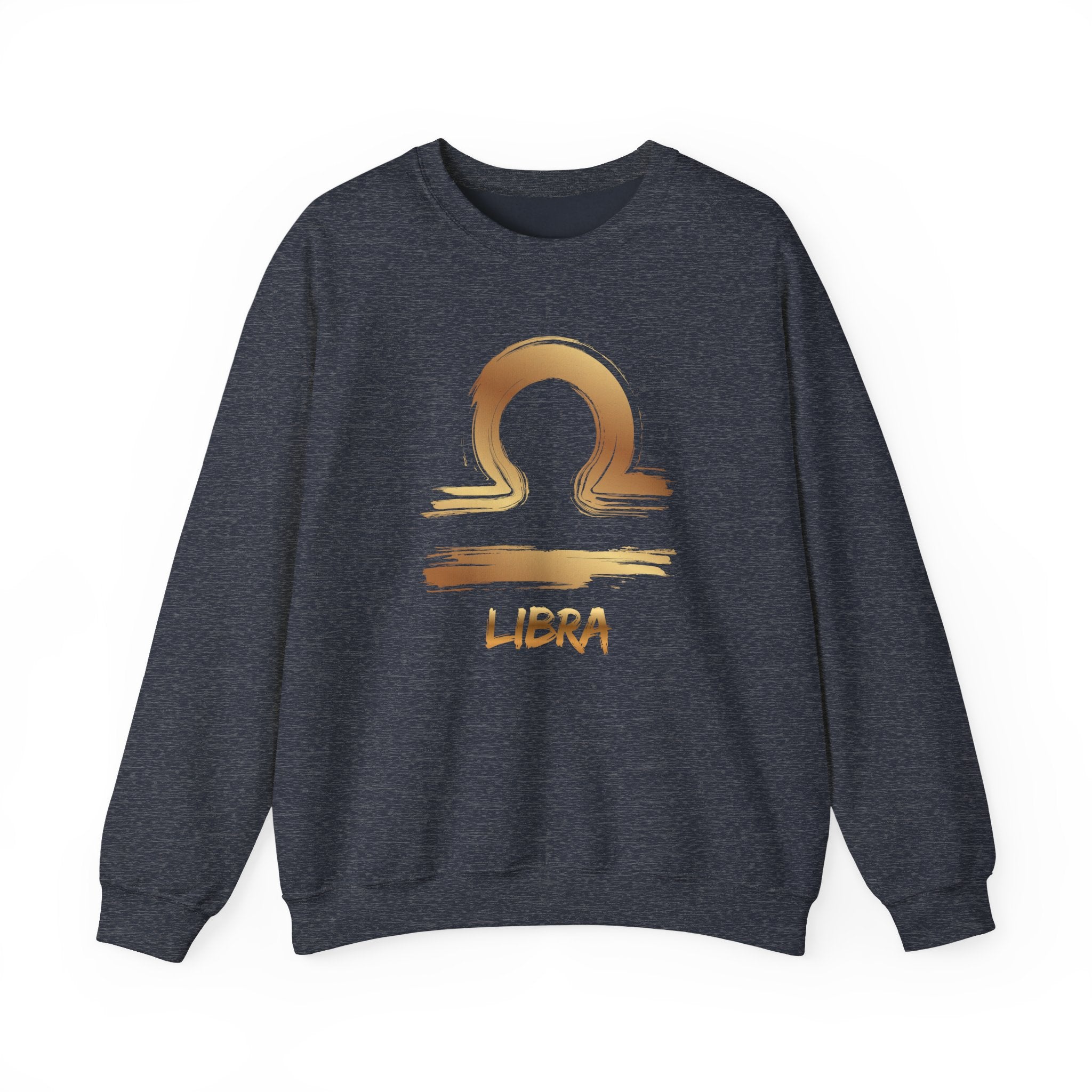 Dark navy sweatshirt with gold Libra zodiac symbol on a white background