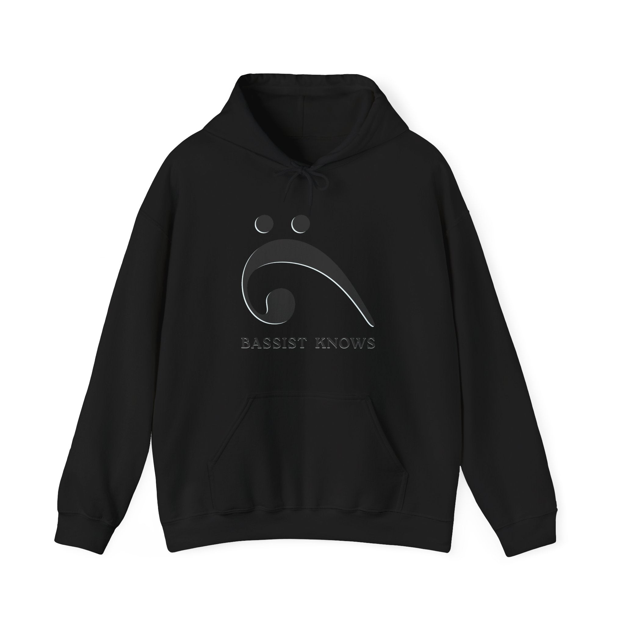 Black hoodie with a black bass clef graphic and "Bassist Knows" text on a white background