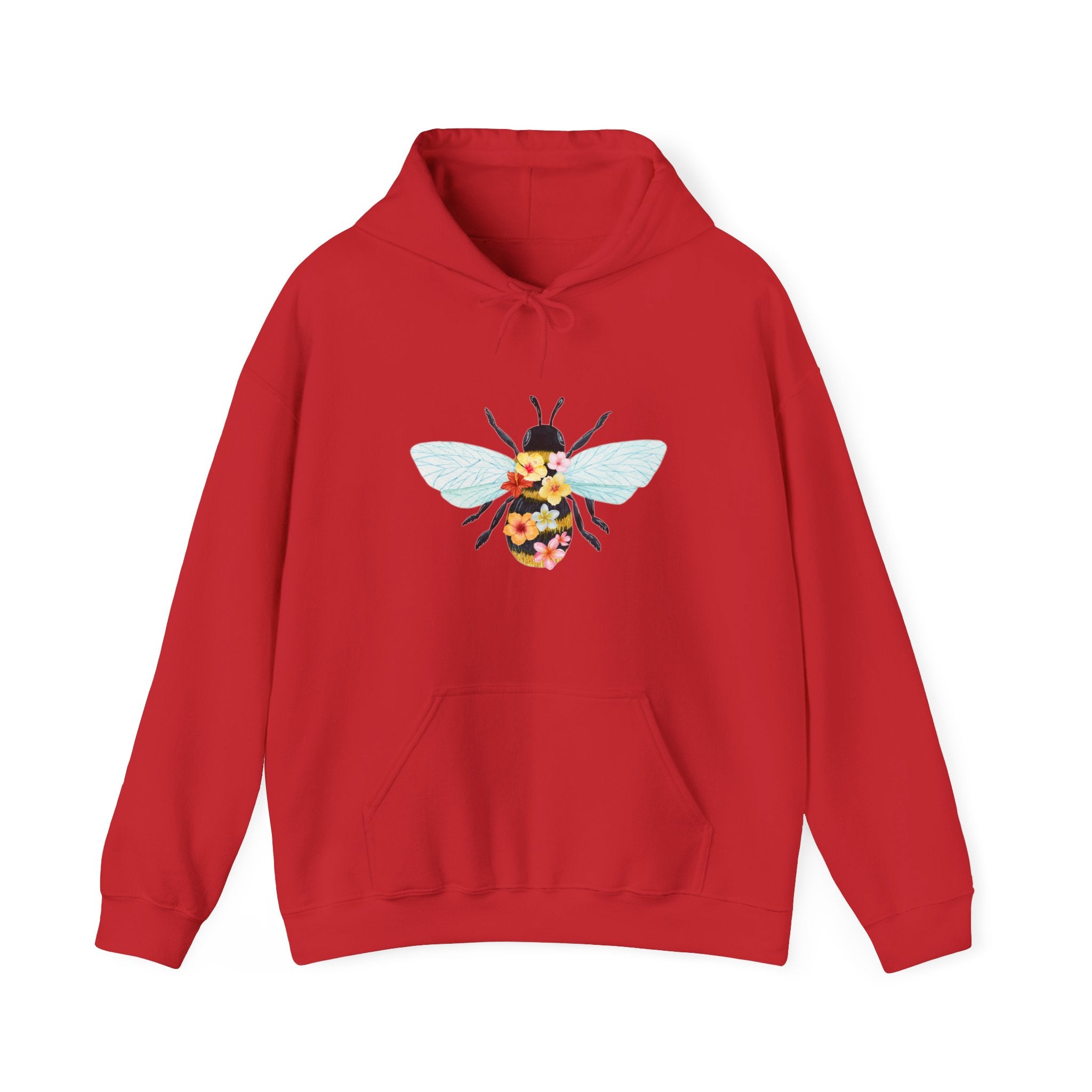 Red hoodie with floral and bee design on a white background