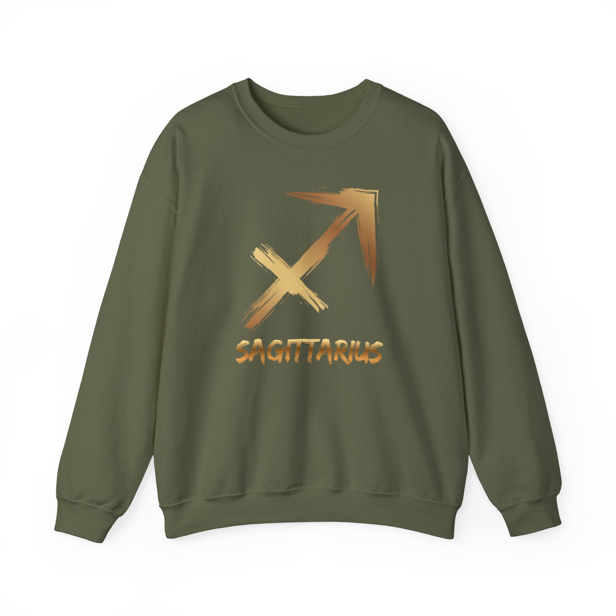 Green sweatshirt with Sagittarius symbol and text on a white background