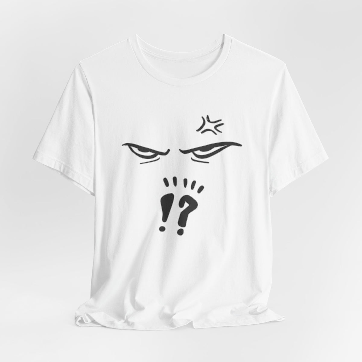 White t-shirt with black graphic design on a white background