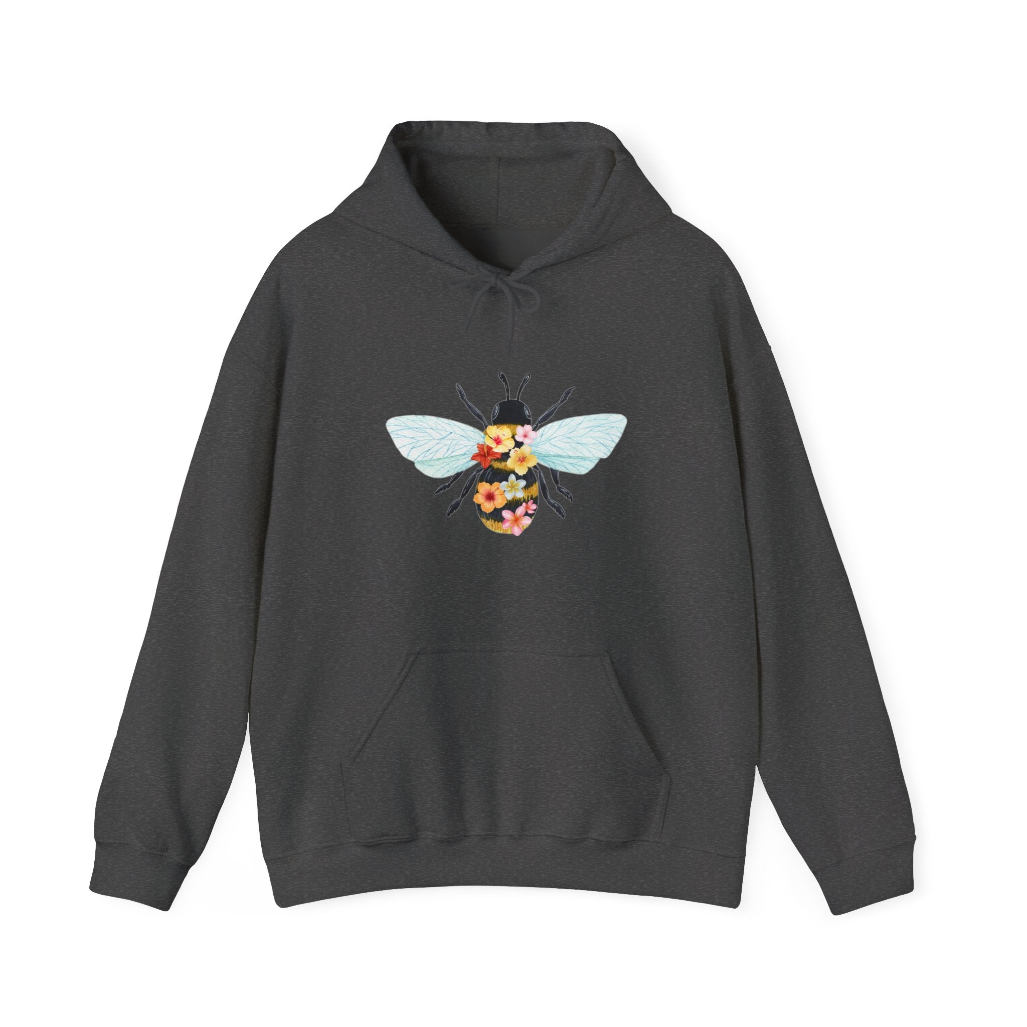 Dark gray hoodie with floral and bee design on a white background