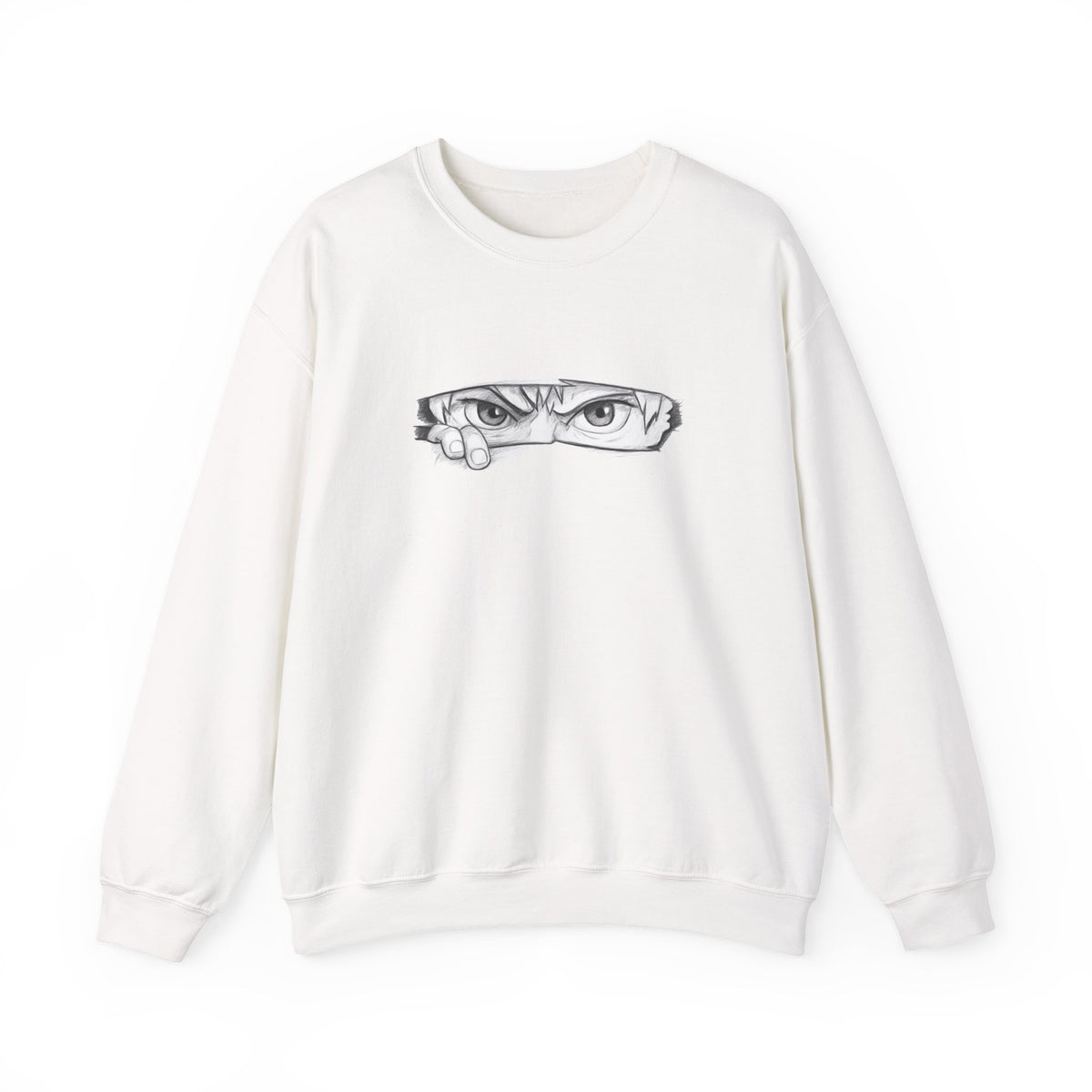 White sweatshirt with a anime eyes design on a white background