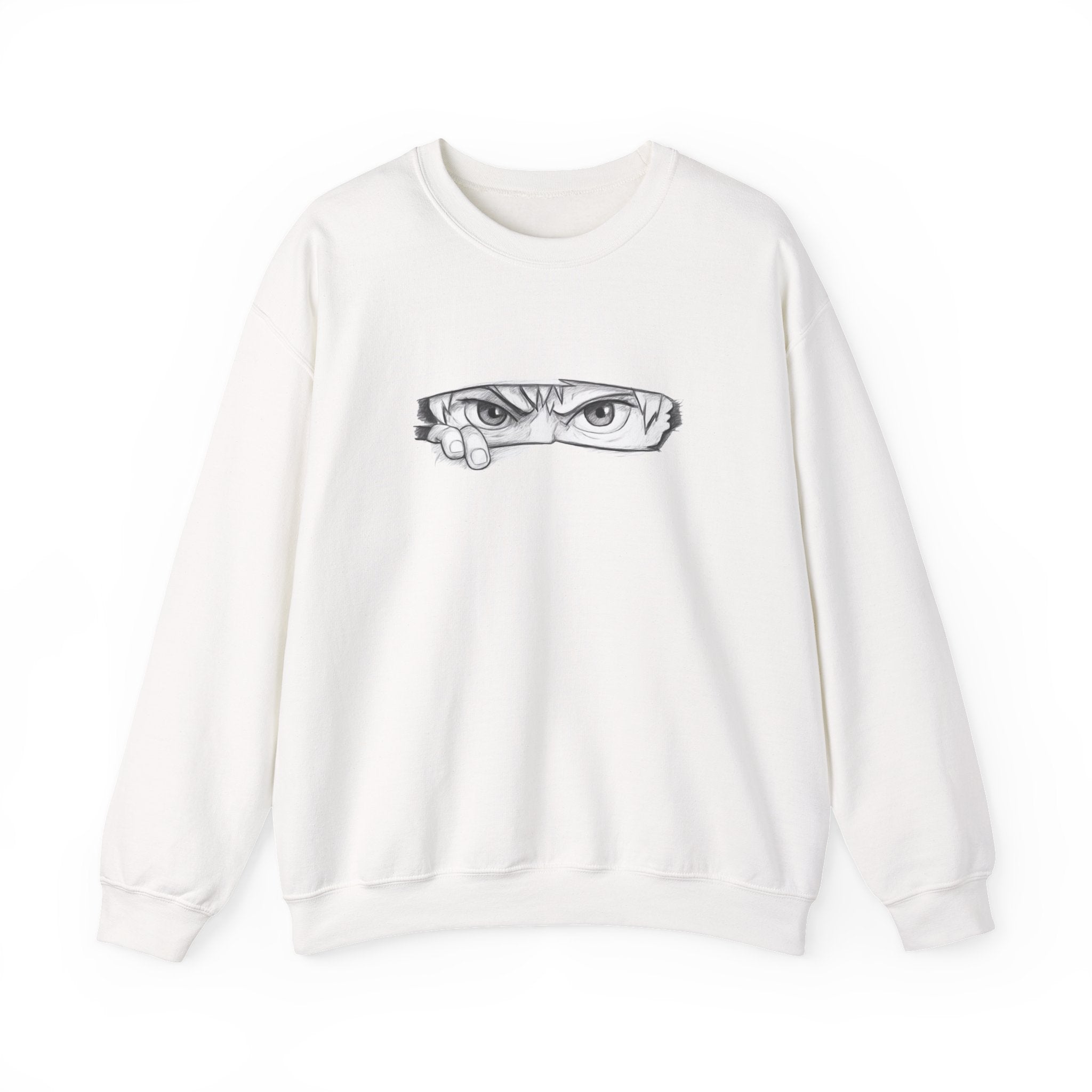 White sweatshirt with a anime eyes design on a white background