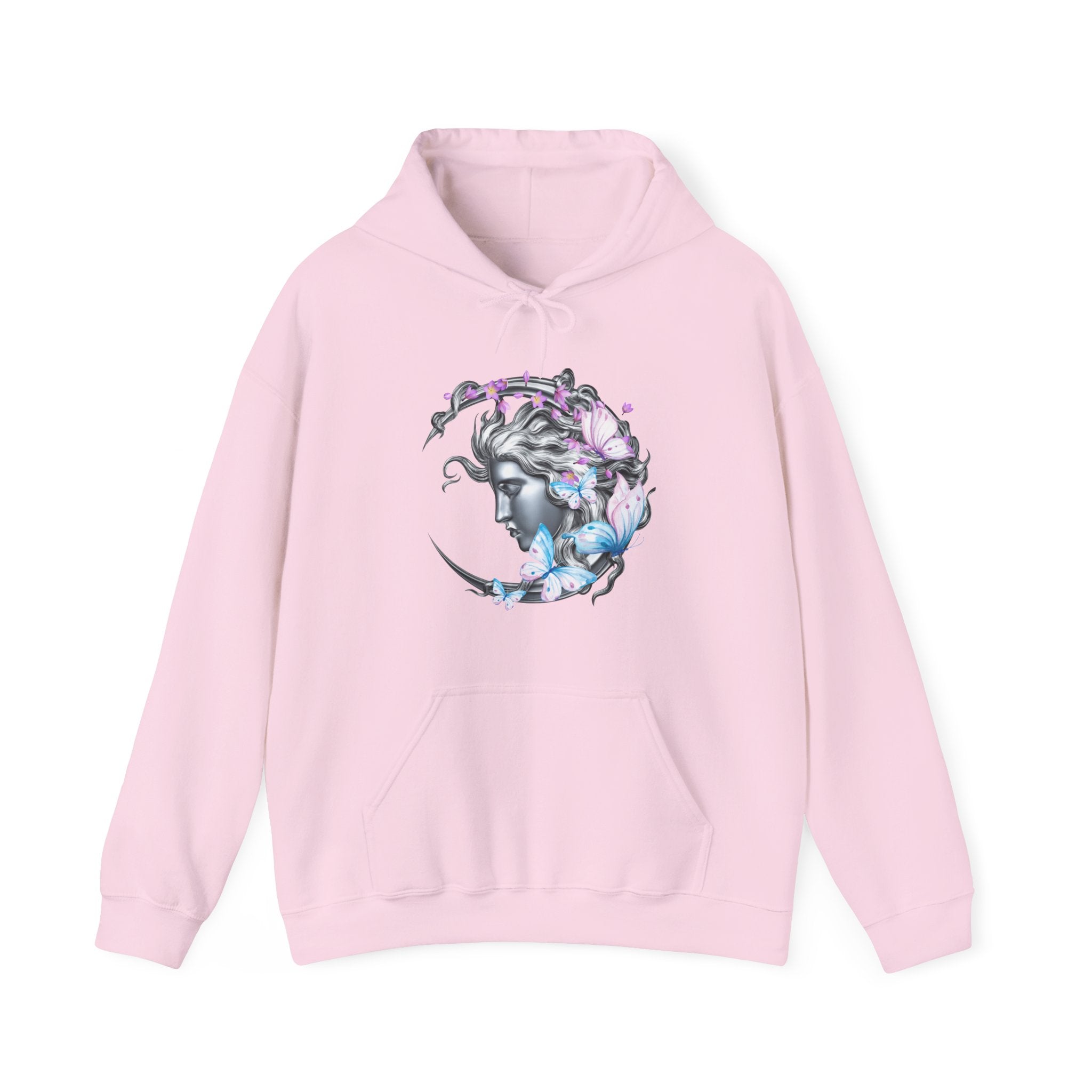 Pink hoodie with a woman and flower design on a white background