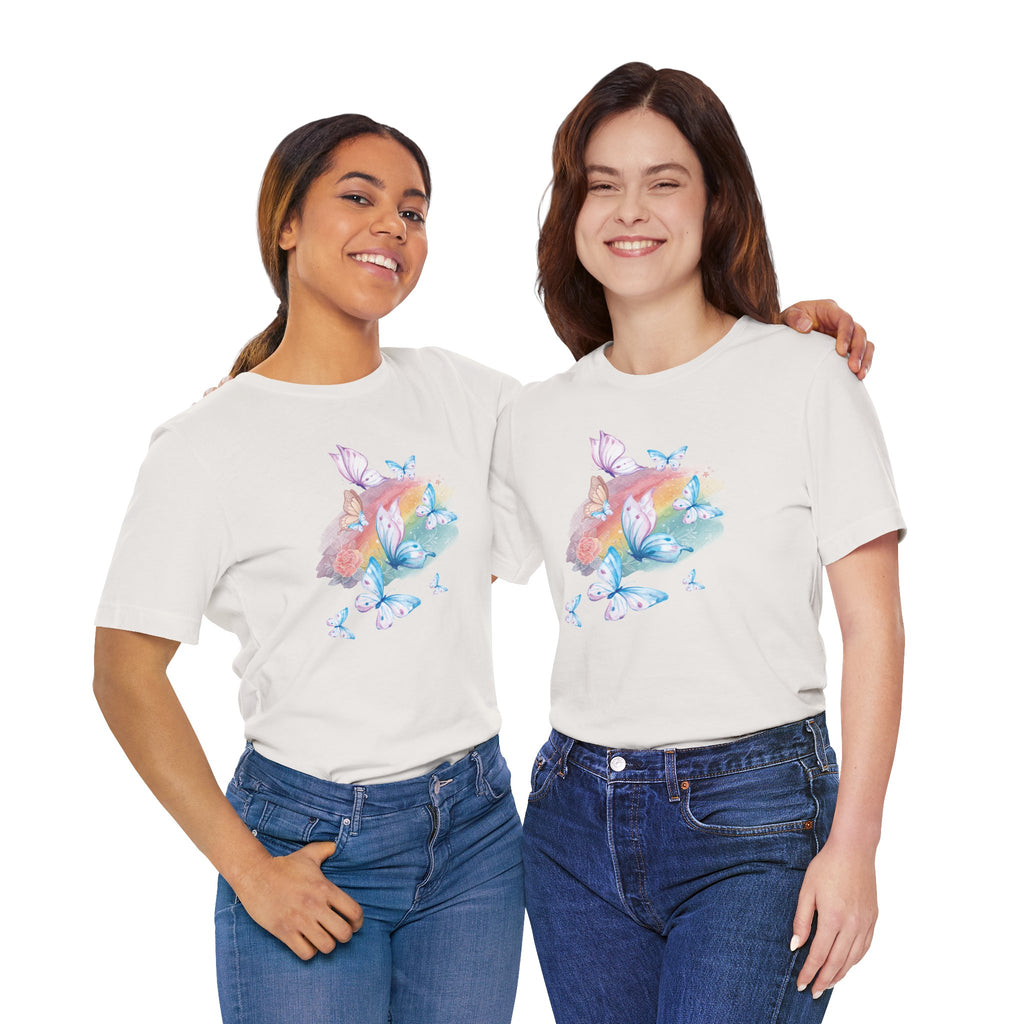 Two people wearing white t-shirts with butterfly and flower design on a white background
