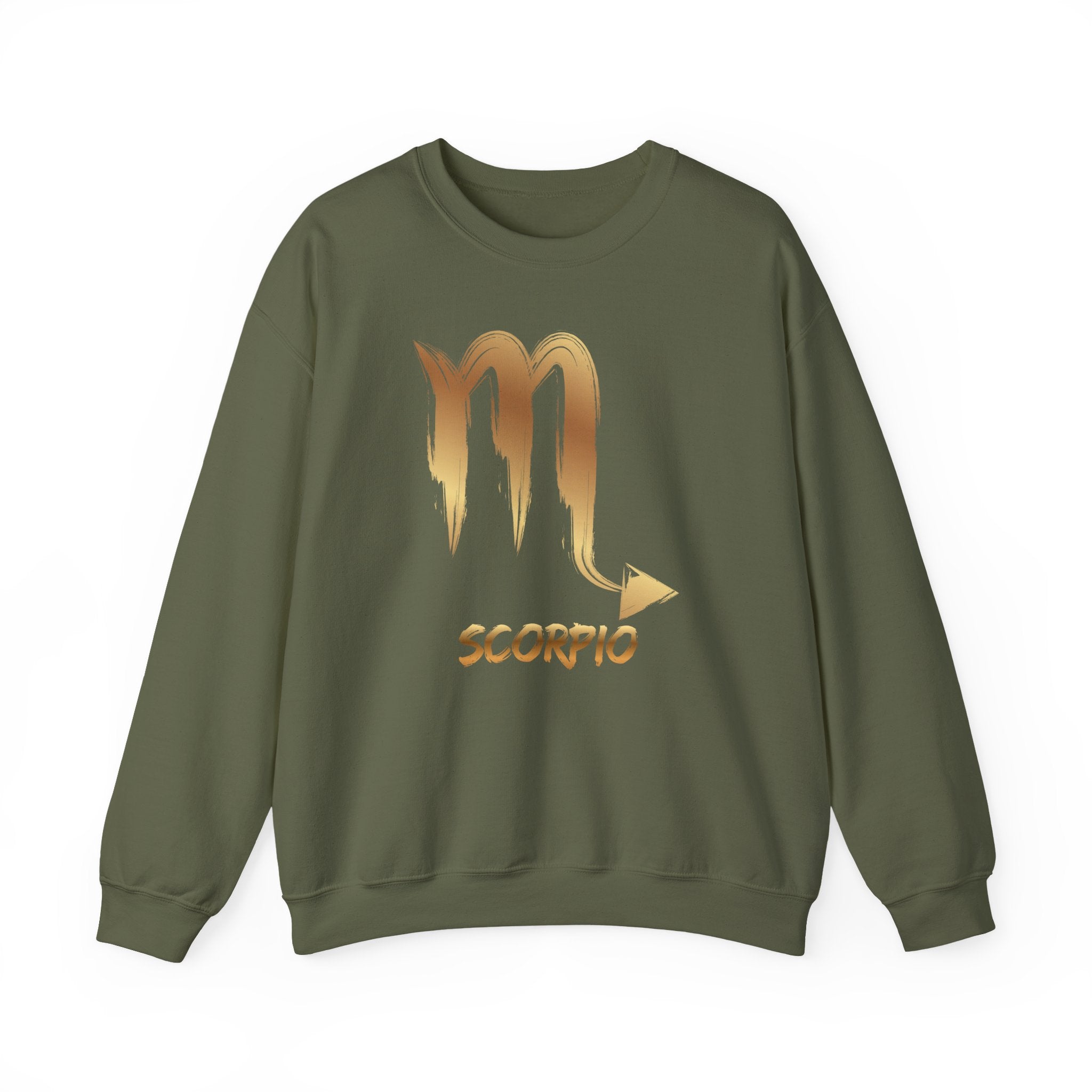 Green sweatshirt with Scorpio zodiac symbol in gold on a white background