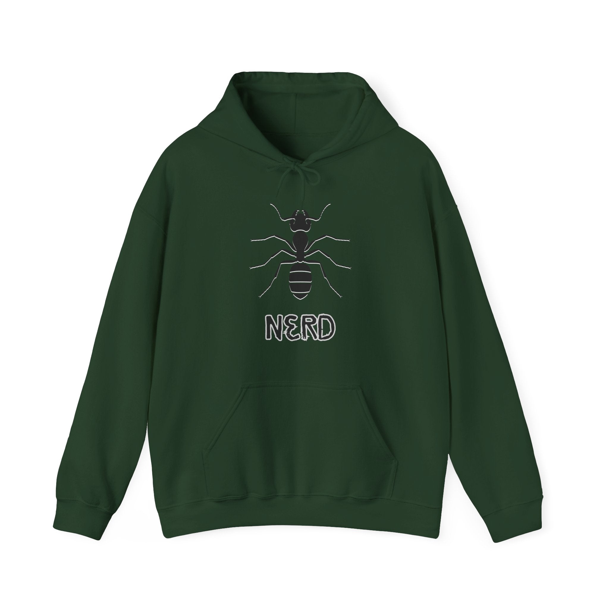 Green hoodie with ant and 'NERD' text design on a white background