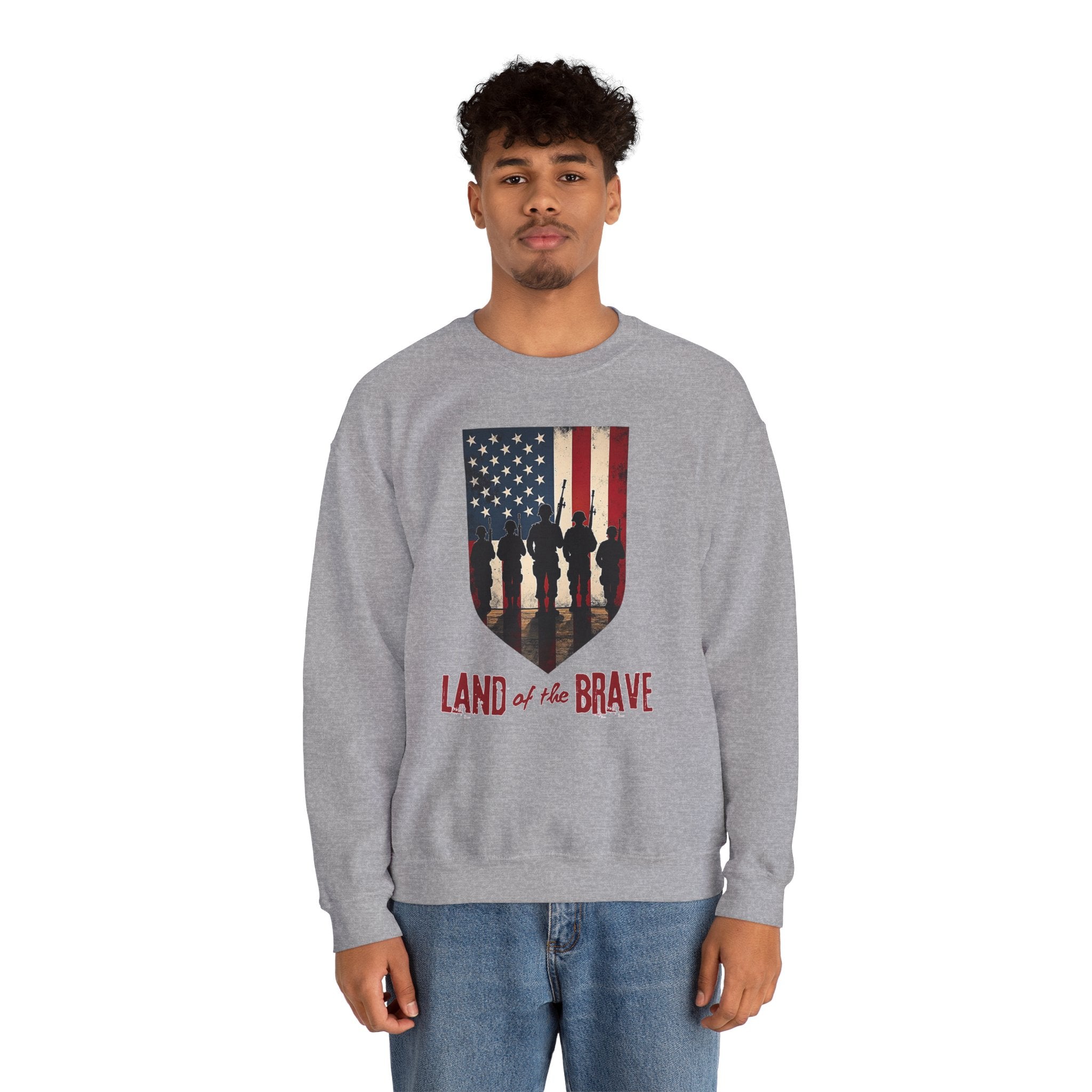 Person wearing a gray sweatshirt with an American flag and silhouette design on a white background
