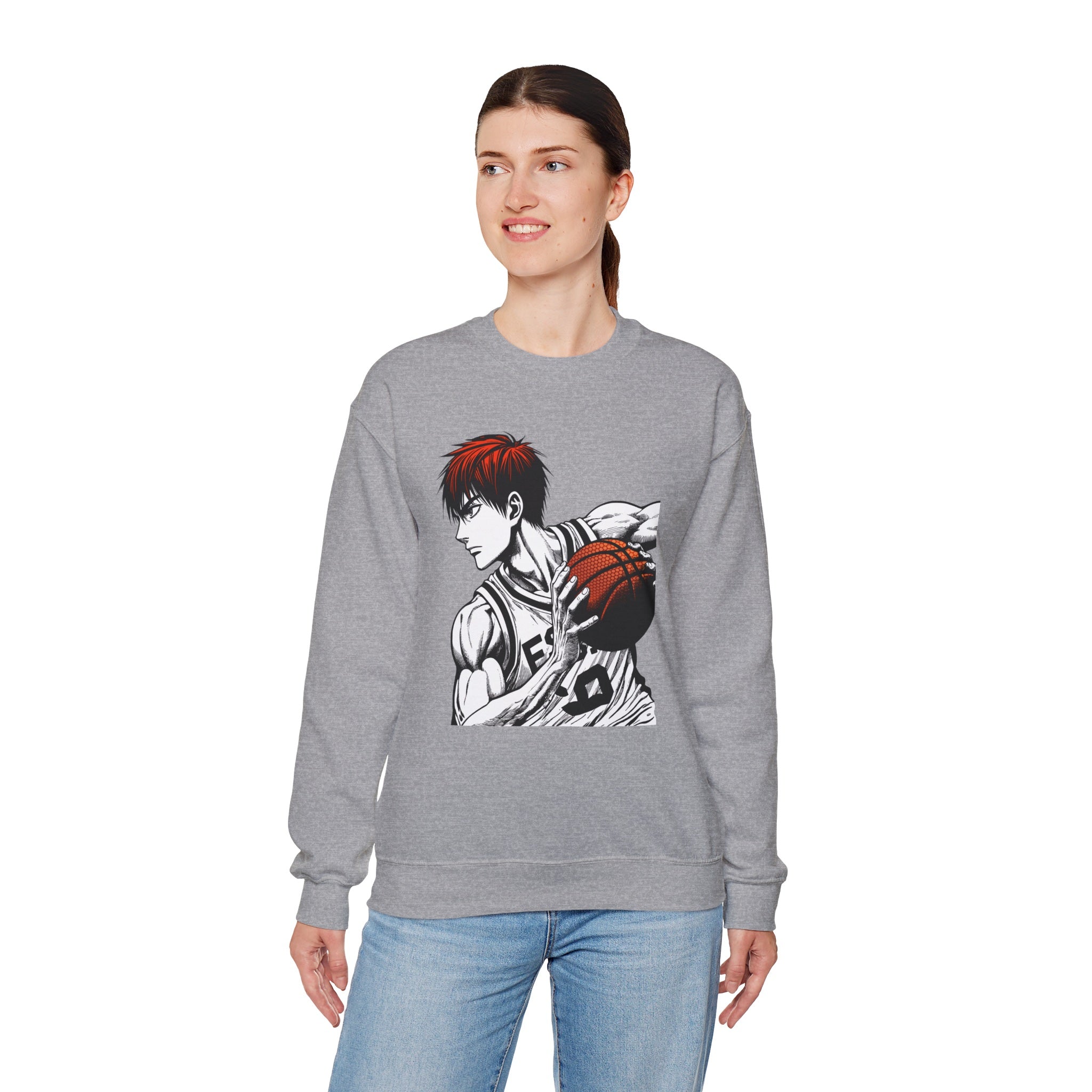 Person wearing a gray sweatshirt with an anime-style basketball player design on a white background