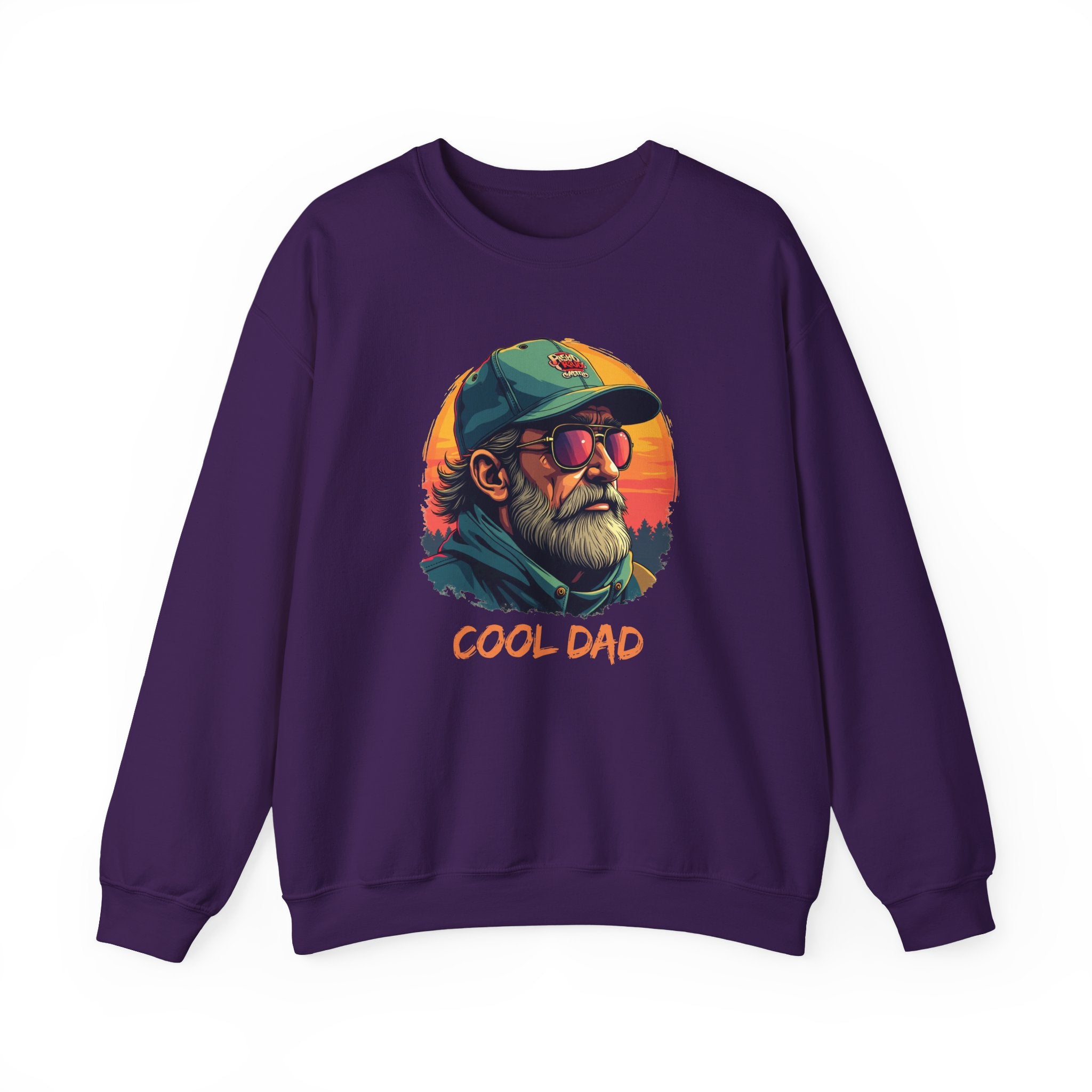 Purple sweatshirt with a graphic of a 'Cool Dad' design on a white background