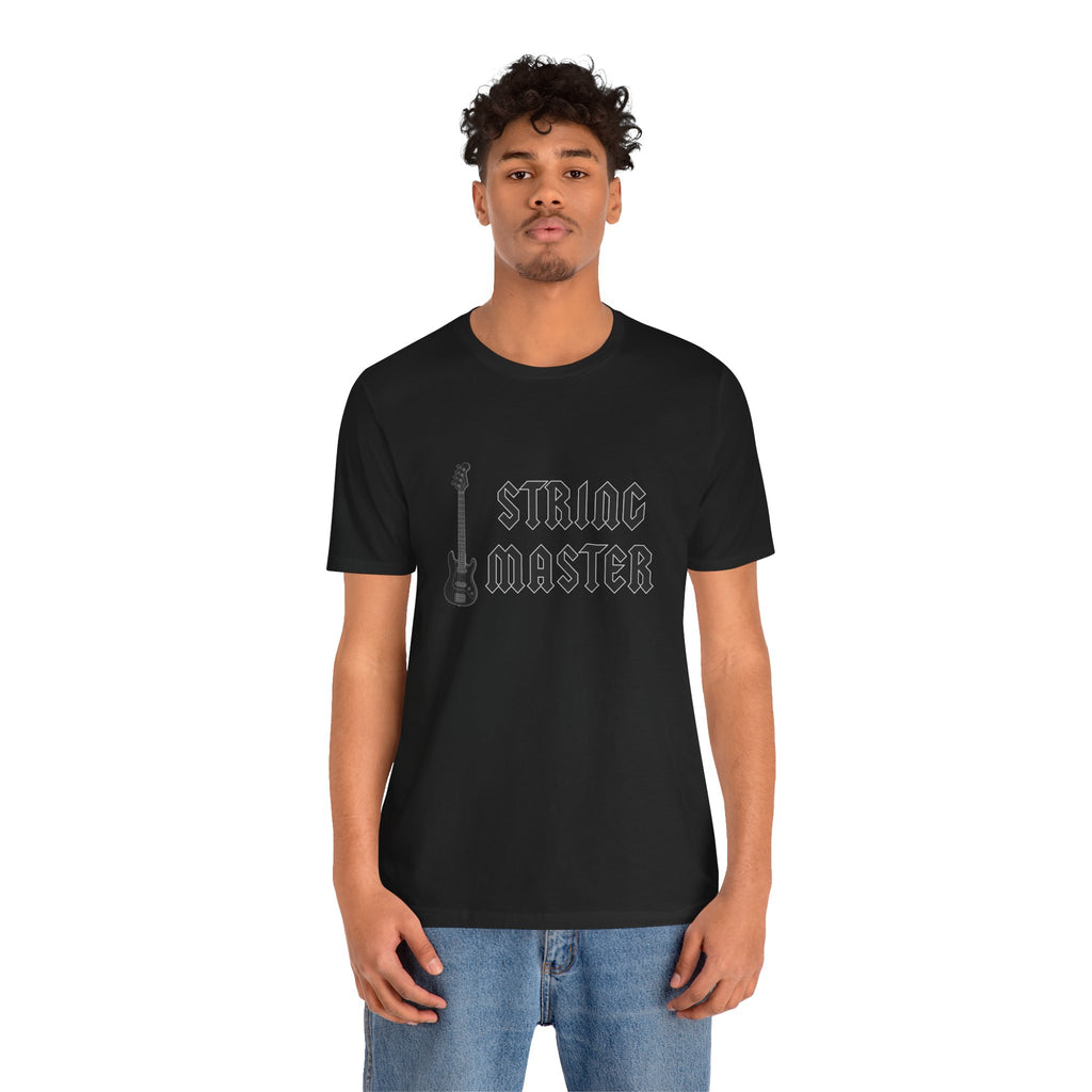 Person wearing a black t-shirt with "String Master" text and guitar graphic on a white background