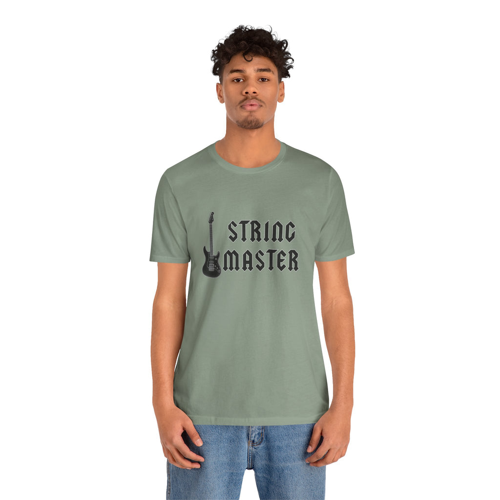 Person wearing a green t-shirt with "String Master" text and guitar graphic on a white background