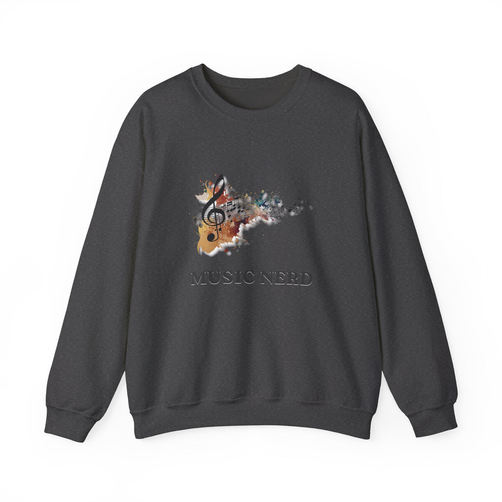 Dark gray sweatshirt with 'Music Nerd' design featuring a treble clef and musical notes on a white background.