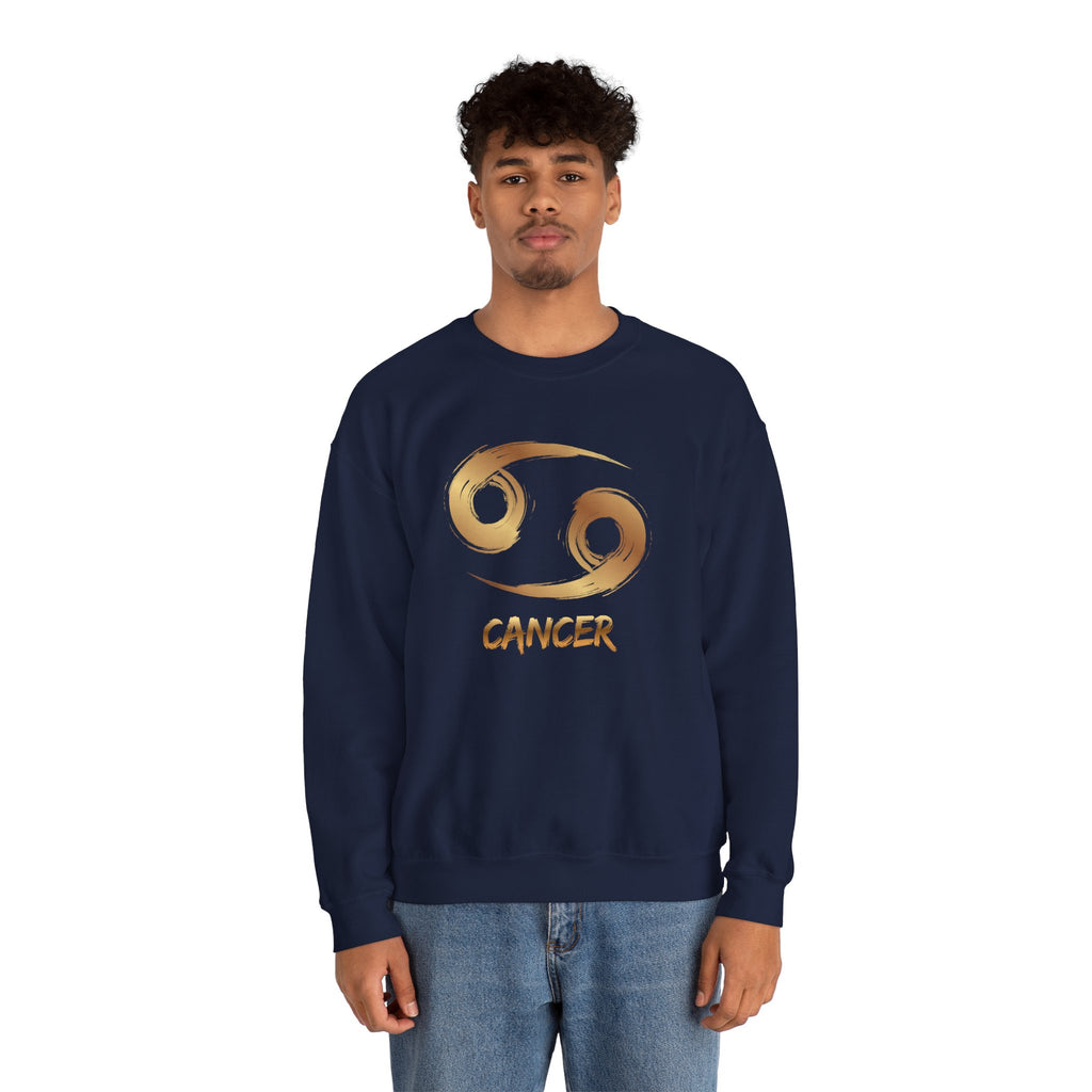 Person wearing a navy sweatshirt with a Cancer zodiac symbol design on a white background