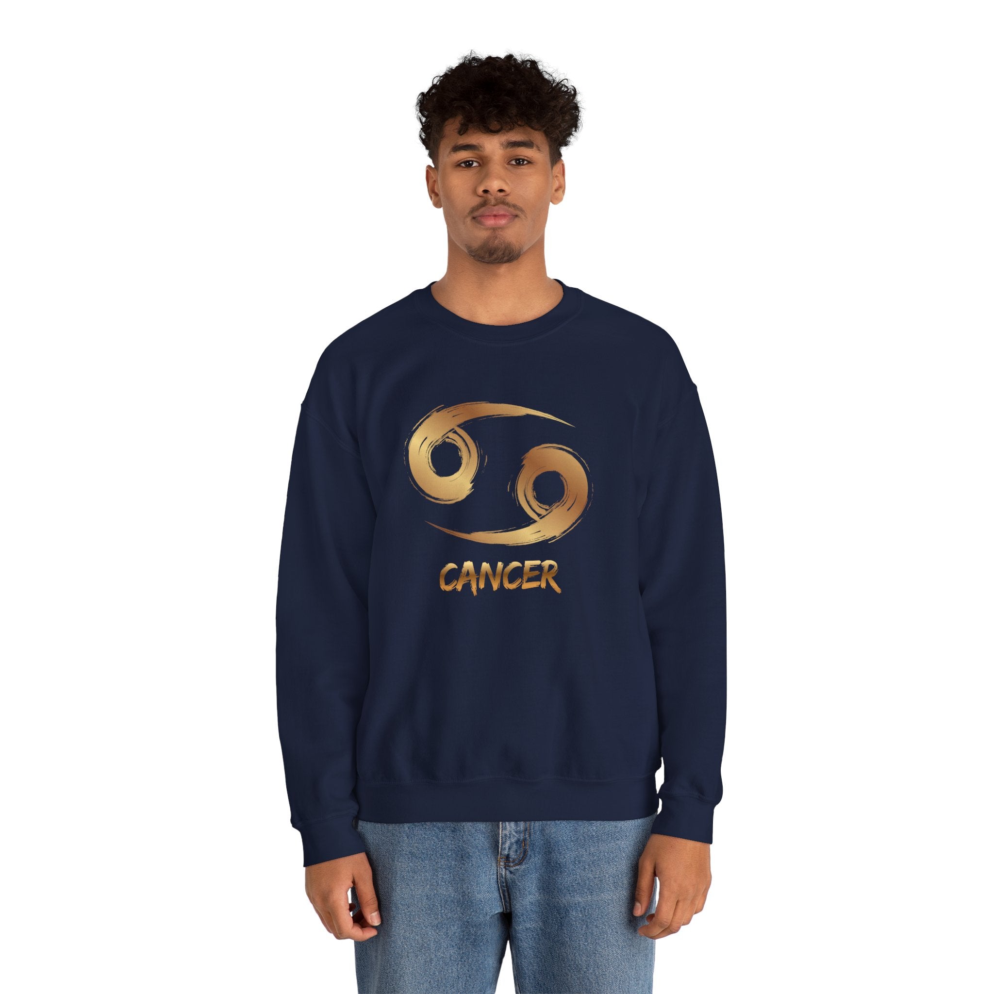 Person wearing a navy sweatshirt with a Cancer zodiac symbol design on a white background
