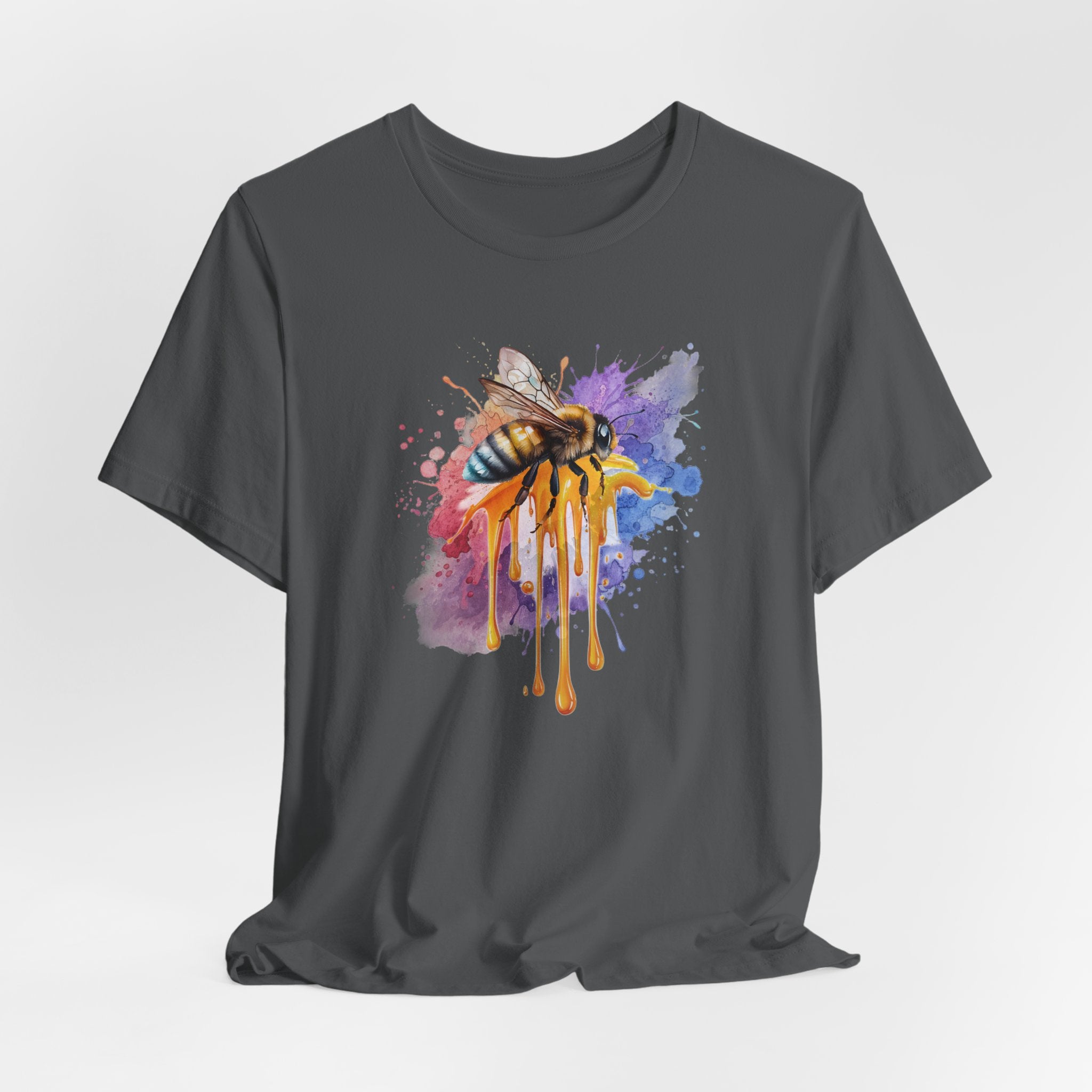 Gray t-shirt with a colorful bee design on a white background