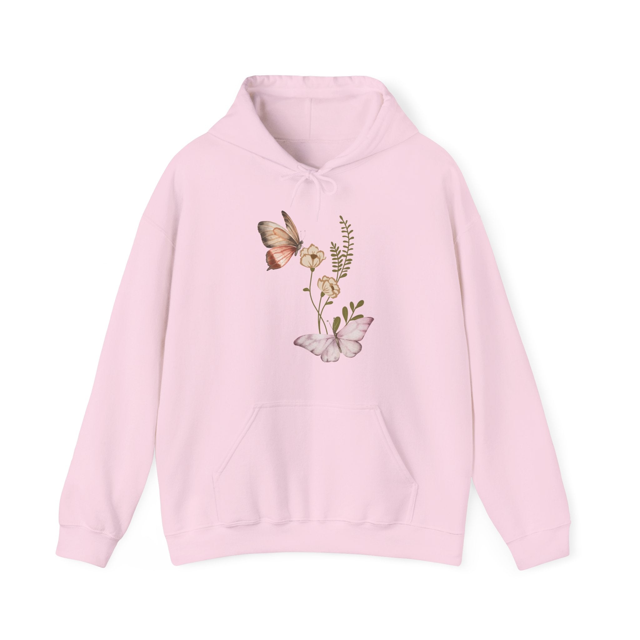 Pink hoodie with butterfly and floral design on a white background
