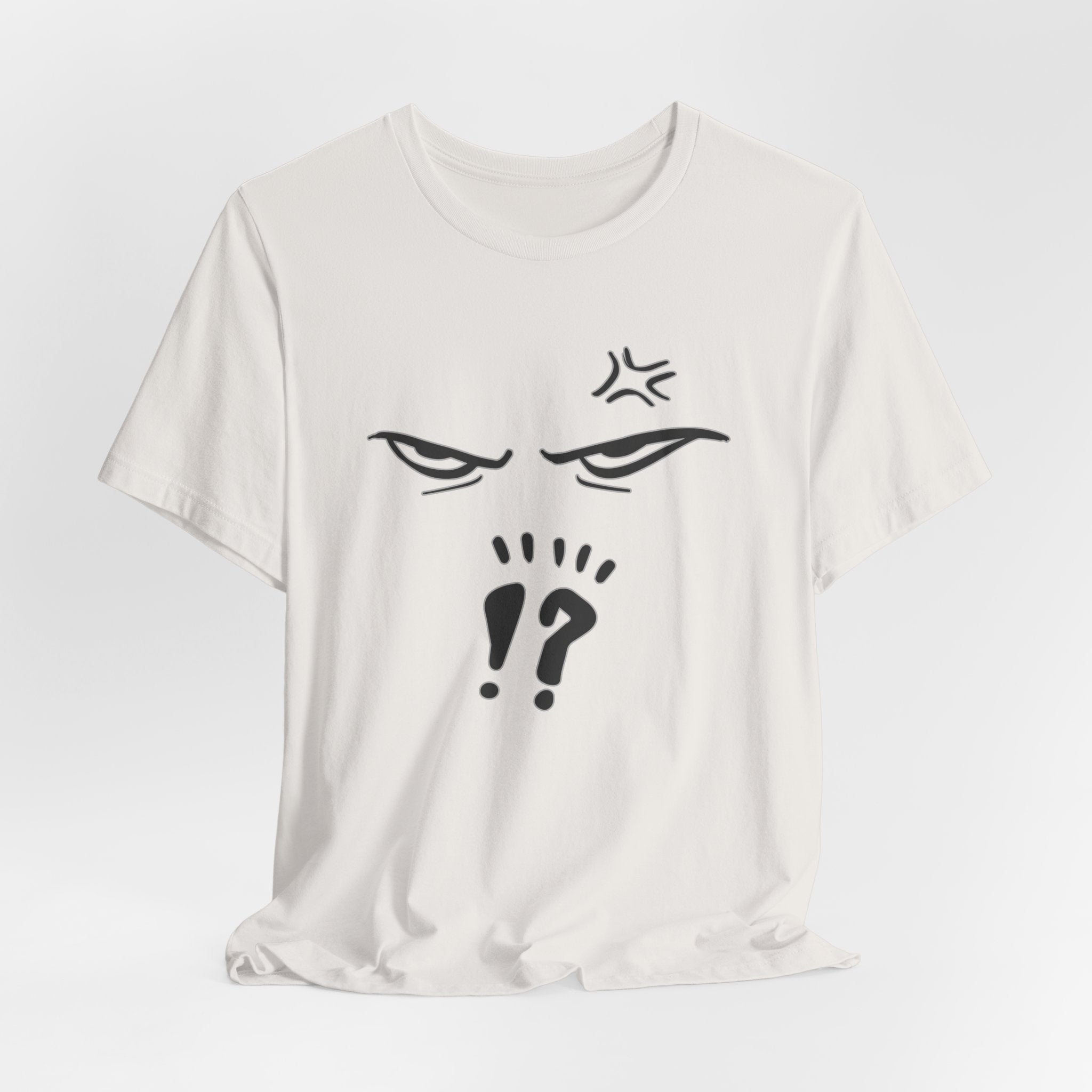 White t-shirt with black graphic design on a white background