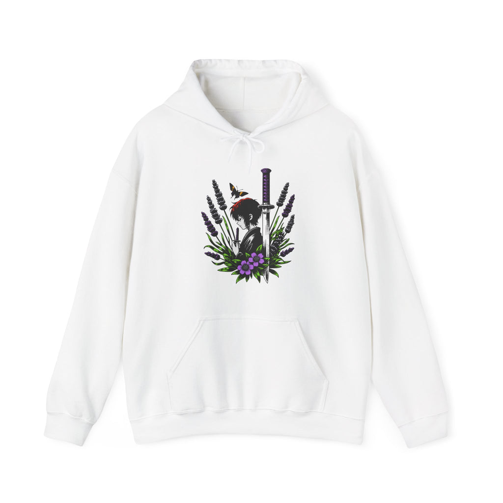 White hoodie with an anime graphic design on a white background