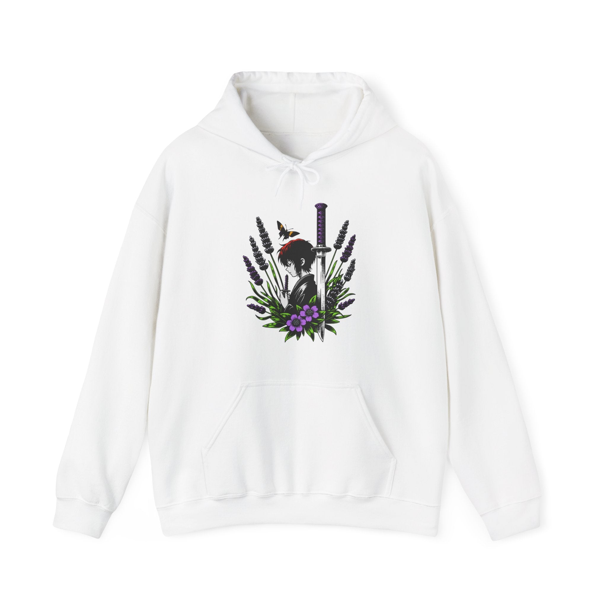 White hoodie with an anime graphic design on a white background