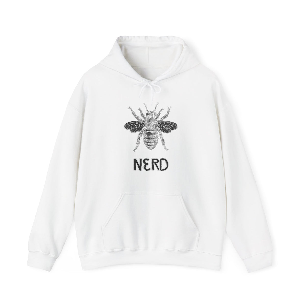 White hoodie with bee and  'Nerd' text on a white background