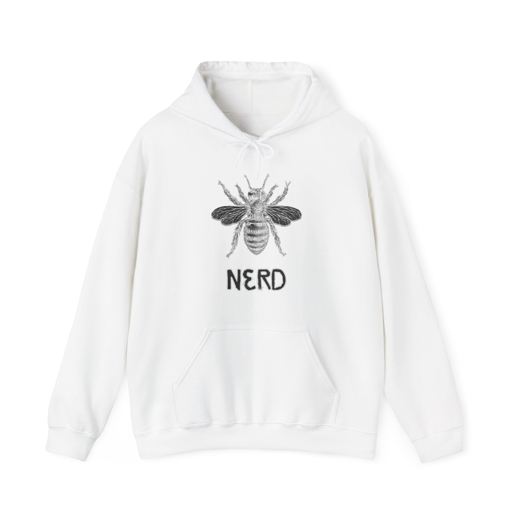 White hoodie with bee and  'Nerd' text on a white background