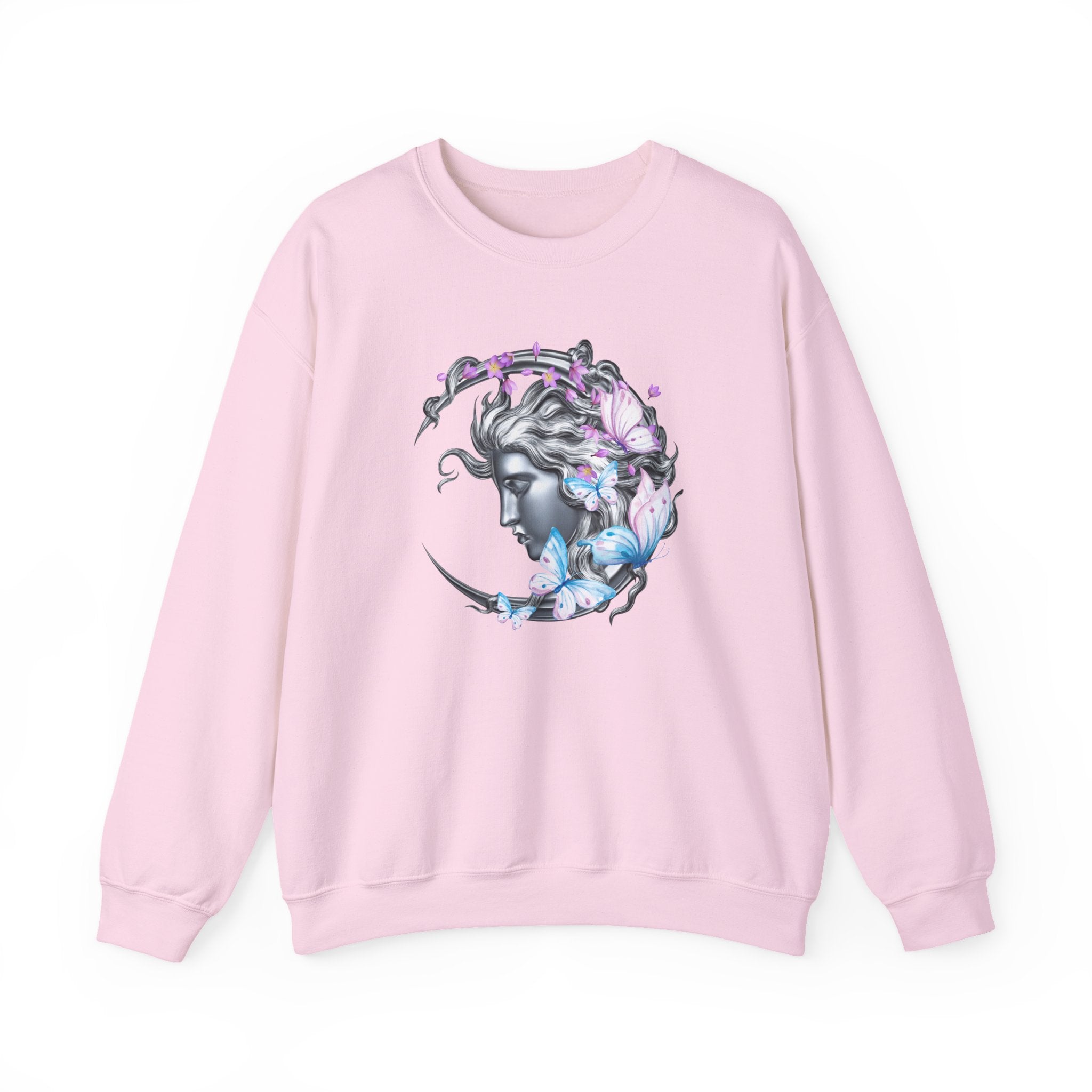 Pink sweatshirt with a graphic design of a woman's face surrounded by butterflies on a white background