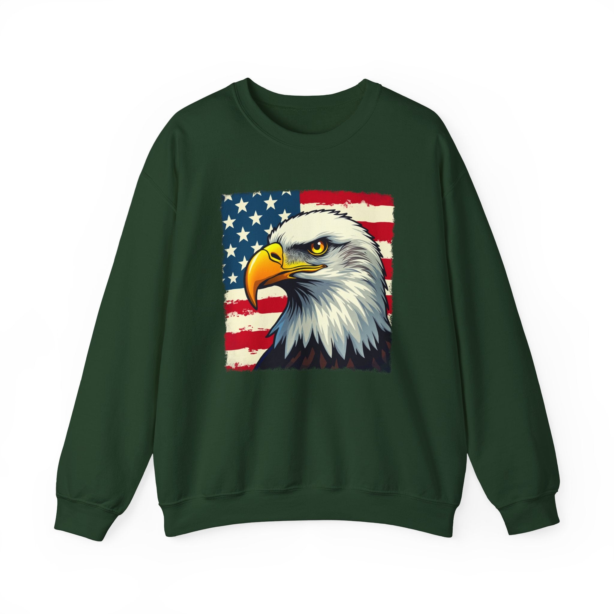 Green sweatshirt with an eagle and American flag design on a white background