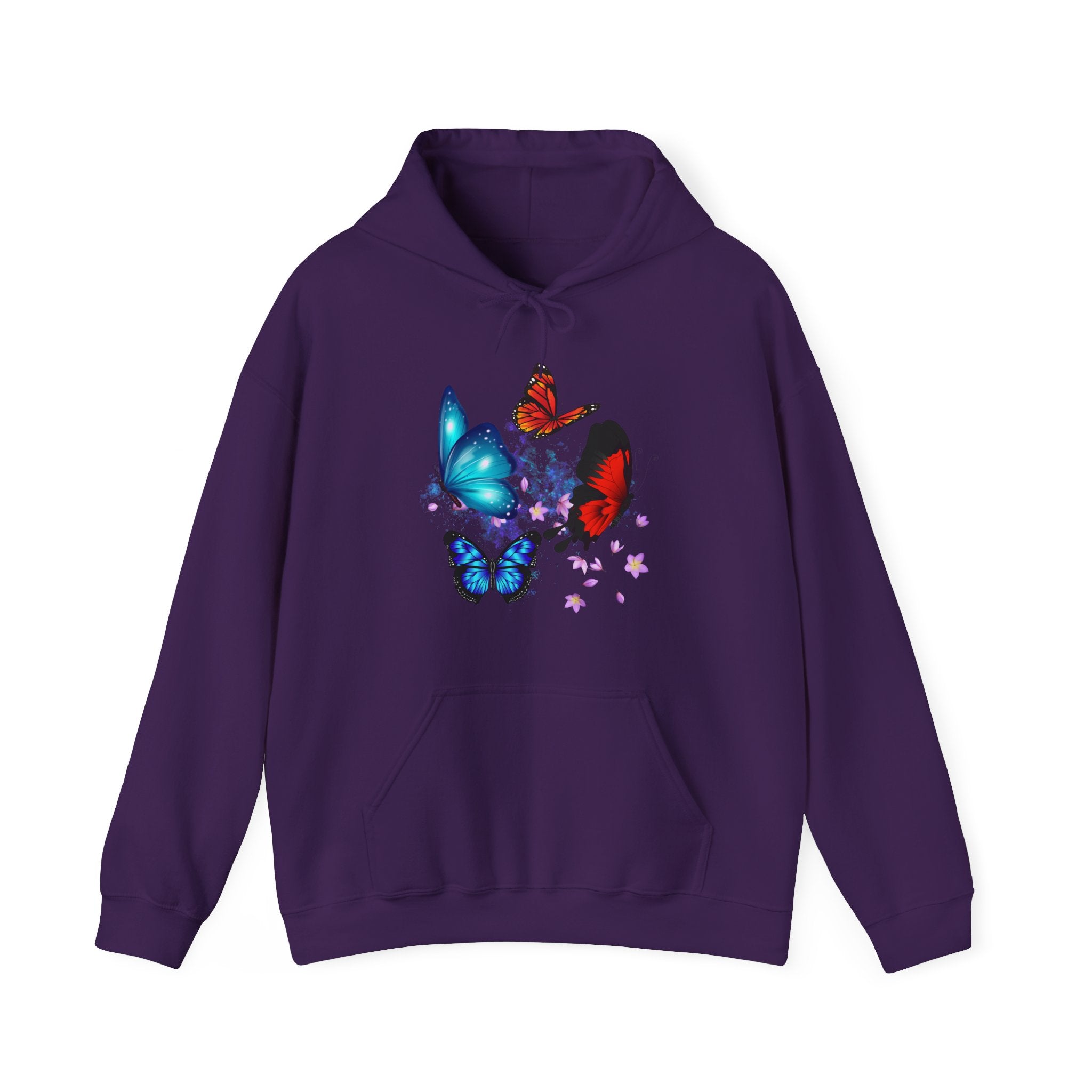 Purple hoodie with colorful butterfly design on a white background