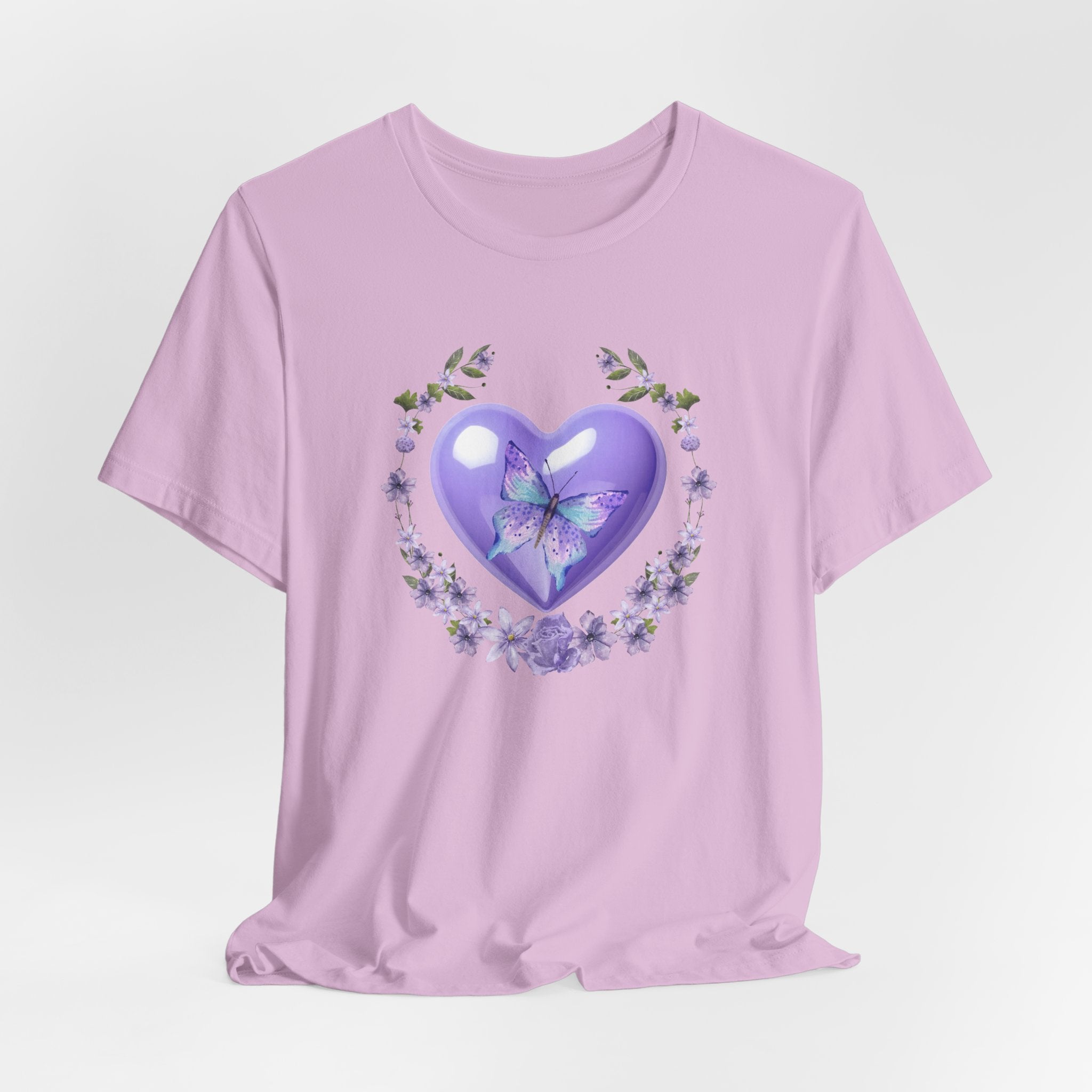 Lavender t-shirt with a heart design featuring a butterfly and flowers on a light purple background